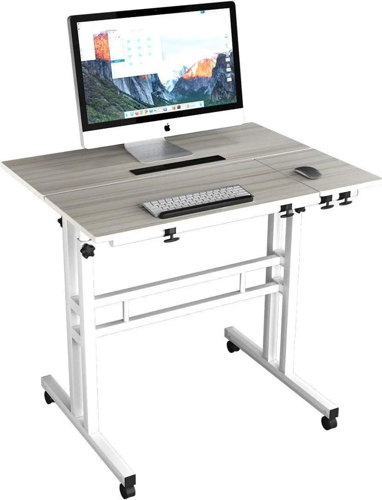 Alt view image 4 of 7 - Rolling Standing Desk Height Adjustable, 31.5 inch Mobile Stand Up Computer Desk, Sit-Stand Tiltable Top Desk Laptop Stand for Small Spaces, Tall Table for Standing or Sitting, Maple