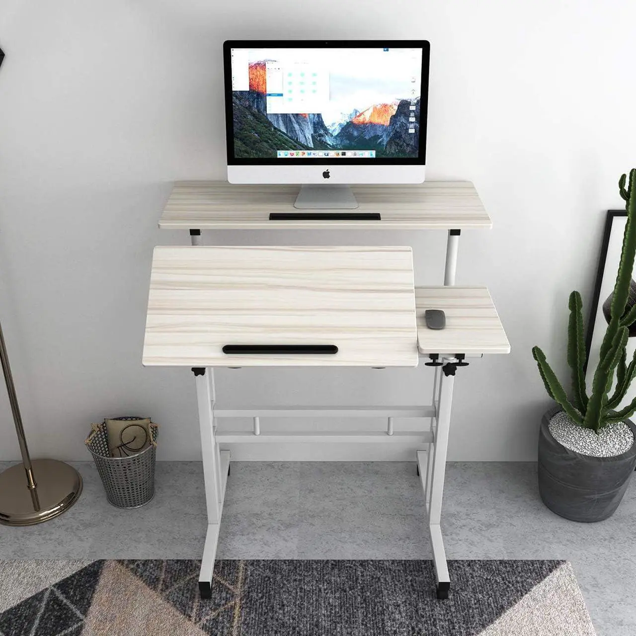Alt view image 6 of 7 - Rolling Standing Desk Height Adjustable, 31.5 inch Mobile Stand Up Computer Desk, Sit-Stand Tiltable Top Desk Laptop Stand for Small Spaces, Tall Table for Standing or Sitting, Maple