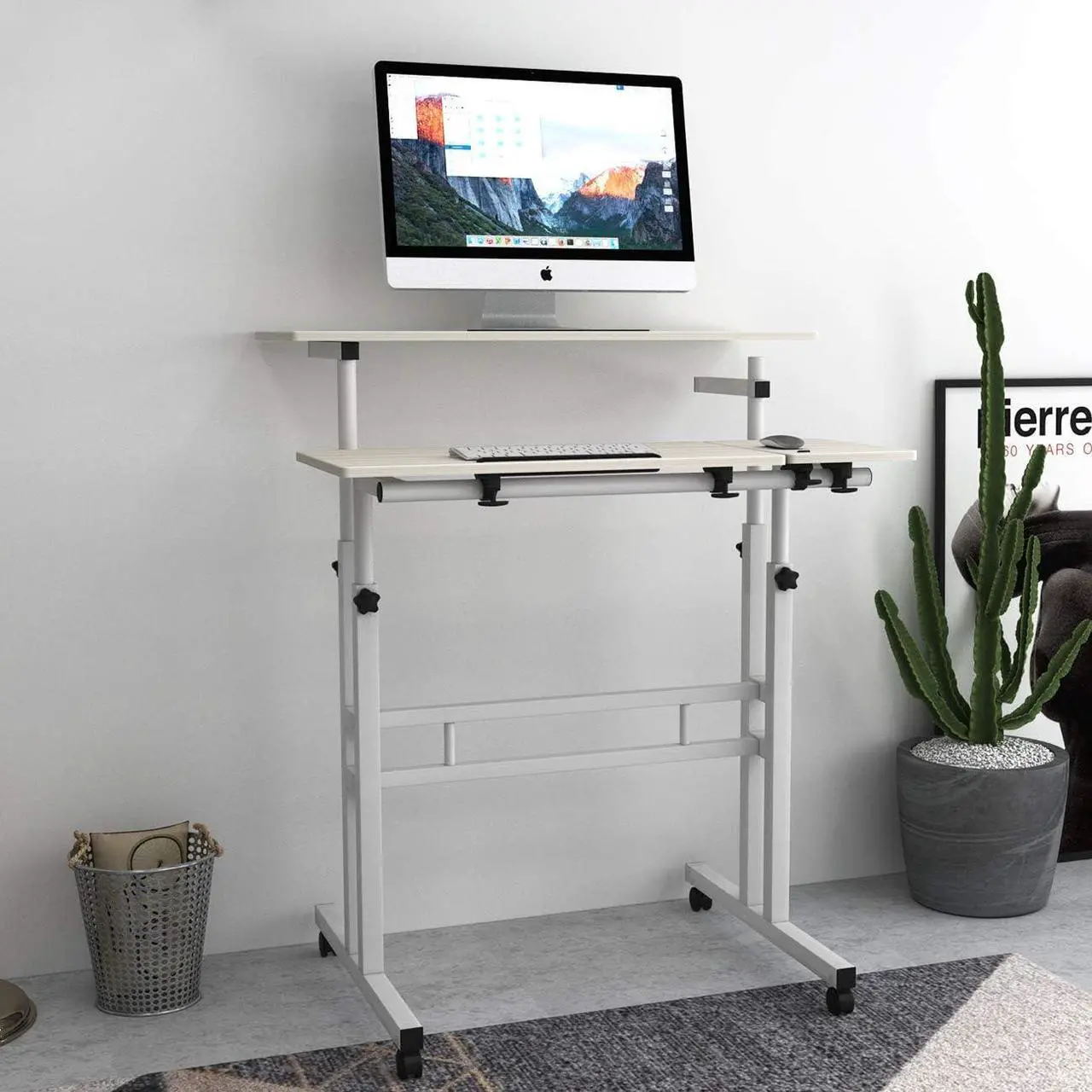 Alt view image 7 of 7 - Rolling Standing Desk Height Adjustable, 31.5 inch Mobile Stand Up Computer Desk, Sit-Stand Tiltable Top Desk Laptop Stand for Small Spaces, Tall Table for Standing or Sitting, Maple