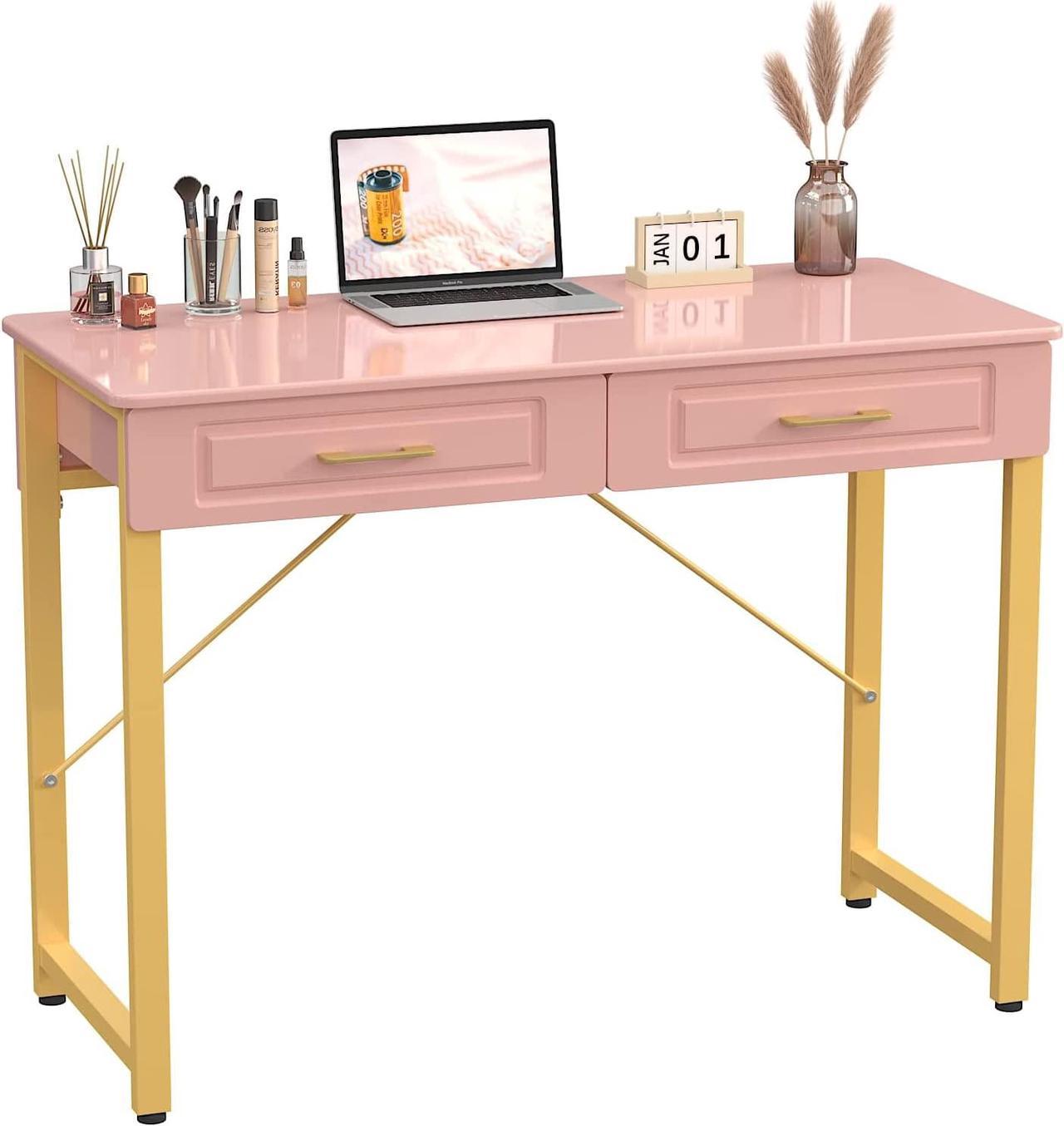 WESTREE Modern Makeup Vanity Desk with Glossy Desktop, Bedroom Home Office Writing Desk with Drawers, Storage Shelf, Gold Metal Frame for Dressing Table Without Mirror(40inch,Pink)