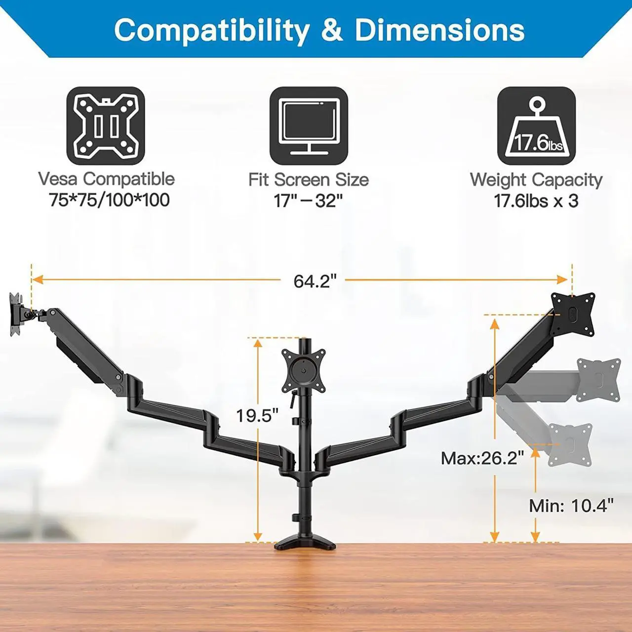 Alt view image 2 of 7 - HUANUO Triple Monitor Stand - 3 Monitor Mount with Gas Spring Monitor Arm Fit Three 17 to 32 inch Flat/Curved LCD Computer Screens with Clamp, Grommet Kit, Black