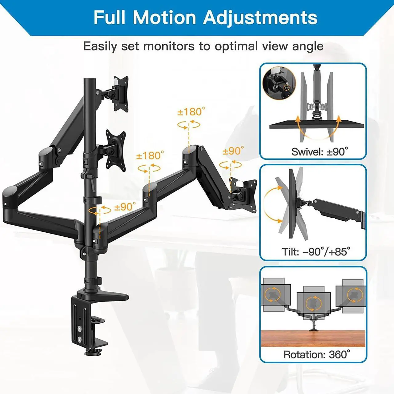 Alt view image 5 of 7 - HUANUO Triple Monitor Stand - 3 Monitor Mount with Gas Spring Monitor Arm Fit Three 17 to 32 inch Flat/Curved LCD Computer Screens with Clamp, Grommet Kit, Black