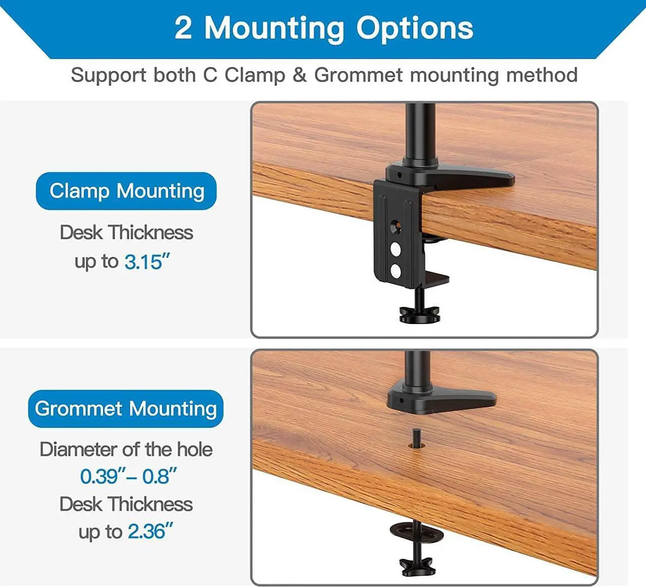 Alt view image 6 of 7 - HUANUO Triple Monitor Stand - 3 Monitor Mount with Gas Spring Monitor Arm Fit Three 17 to 32 inch Flat/Curved LCD Computer Screens with Clamp, Grommet Kit, Black
