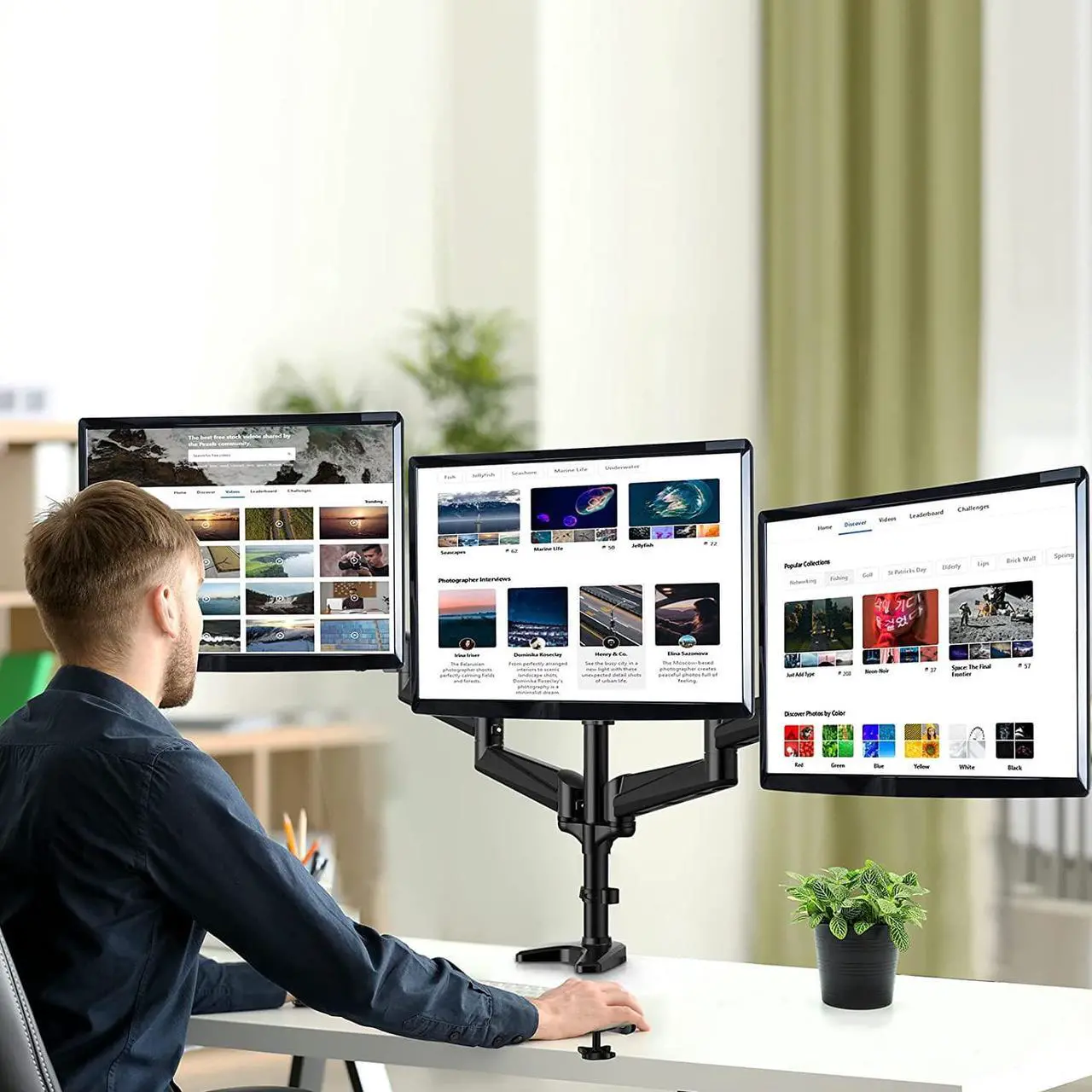 Alt view image 7 of 7 - HUANUO Triple Monitor Stand - 3 Monitor Mount with Gas Spring Monitor Arm Fit Three 17 to 32 inch Flat/Curved LCD Computer Screens with Clamp, Grommet Kit, Black