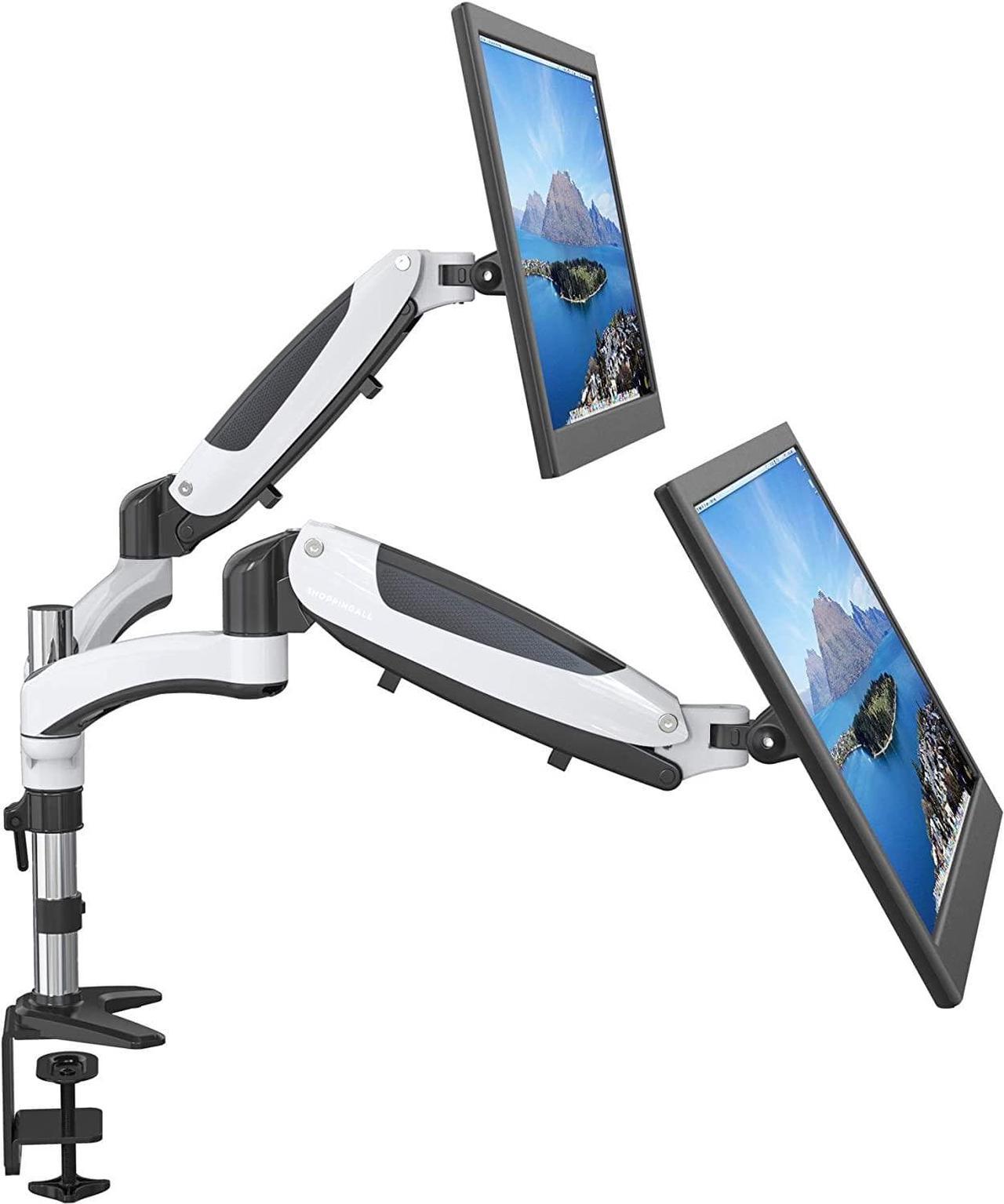 SHOPPINGALL Fully Adjustable Dual Gas Spring LCD Monitor Arm Desk Mount Stand with 2 Swing Arms for Two 15"-32" Monitors, Both Desk Clamp and Grommet Mounting Options in The Box - SA-GM124D-White