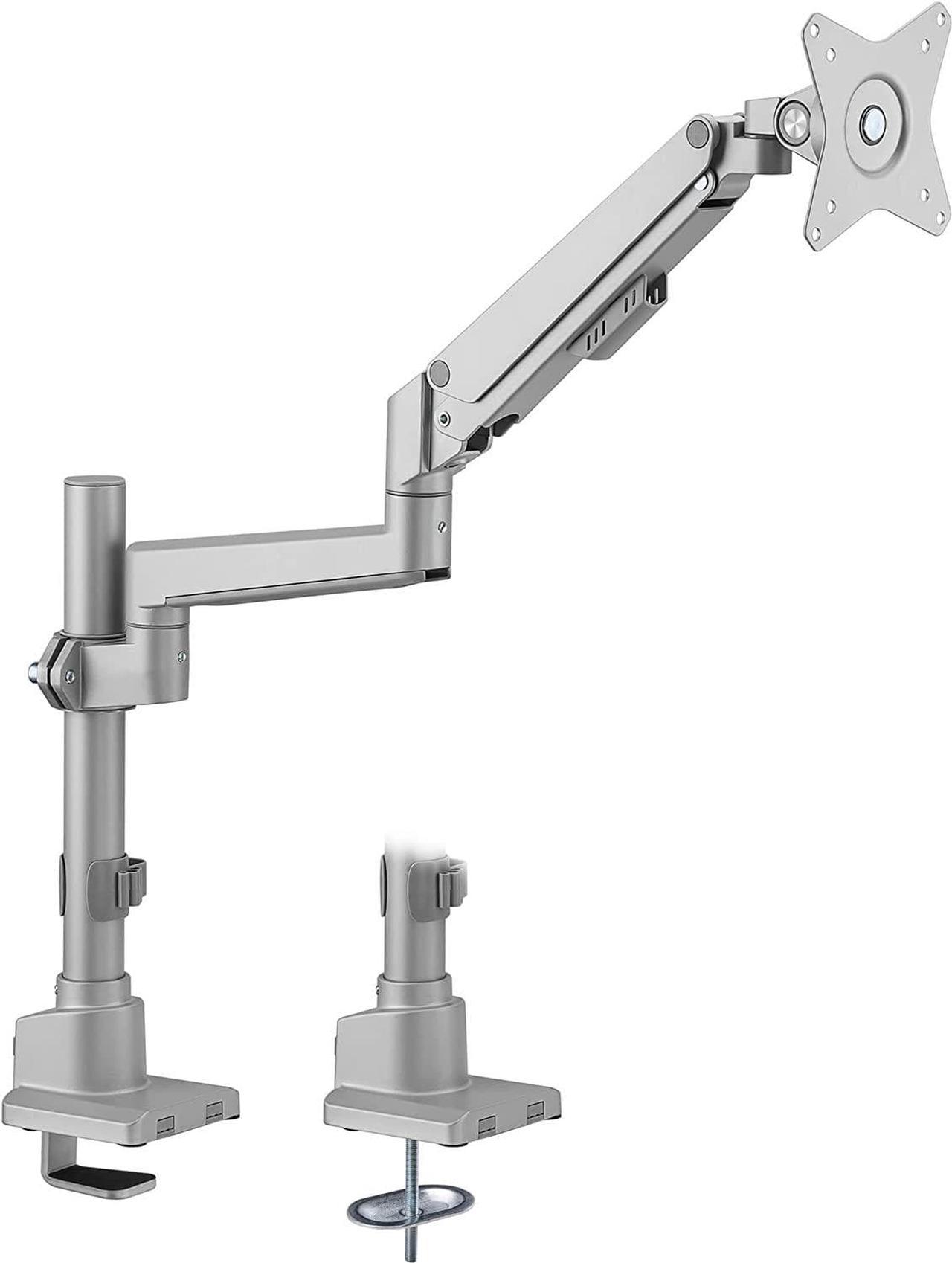 Mount-It! Single Monitor Desk Mount | Pole Mounted Gas Spring Monitor Arm | Premium Height Adjustable Computer Display Riser, Silver