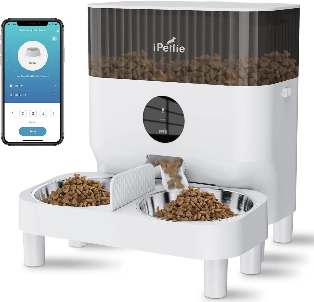 iPettie Automatic WiFi Pet Feeder for 2 Pets, 5L/21 Cup Capacity, 1-10 Meals Per Day, Adjustable Bowl Height, Smart Dog Cat Feeder with 2 Stainless Steel Bowls, Voice Recording, 2.4G WiFi App Control