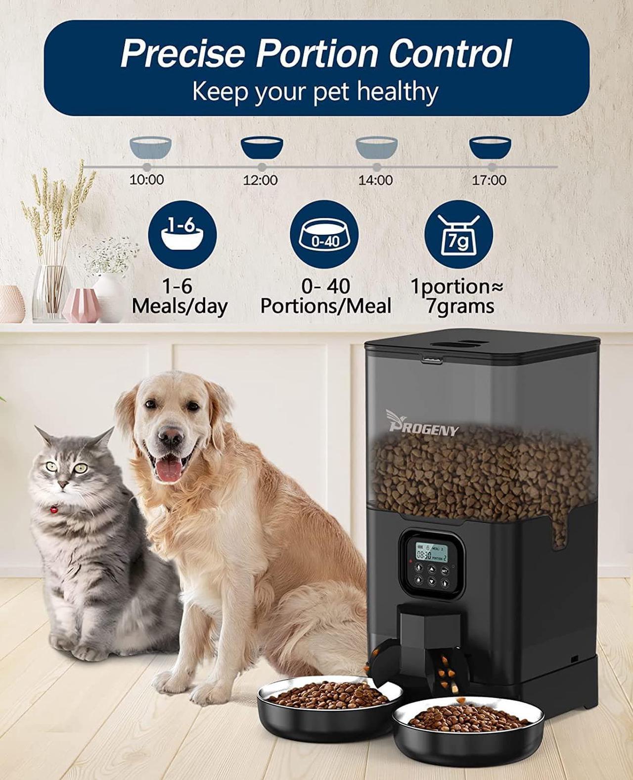 Automatic Cat Feeders for 2 Cats, Double Pet Feeder with 2 Stainless Steel Bowls, 6L Dog Feeder Dry Food Dispenser with Voice Recorder and Timer, Up to 40 Portions 4 Meals Per Day, Twist Lock Lid