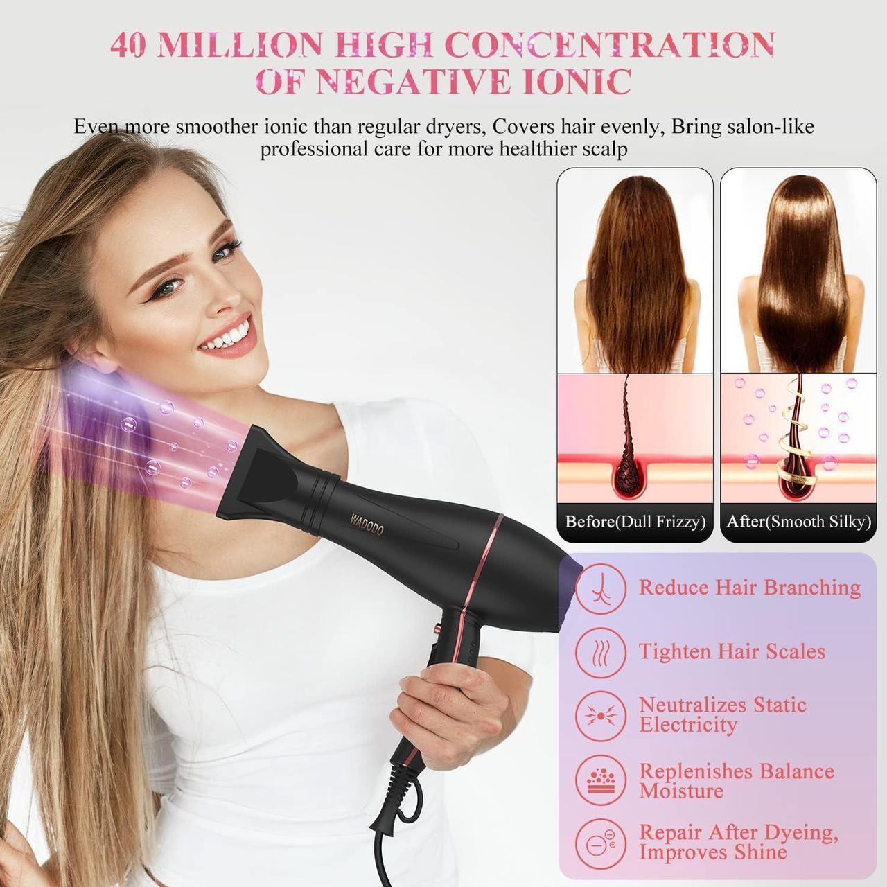 Alt view image 4 of 7 - WADODO Ionic Hair Dryer, 2200W Professional Blow Dryer Fast Drying Travel AC Motor Constant Temperature Low Noise Ion Dryers Curly Care Hairdryer Blowdryer for Women Men