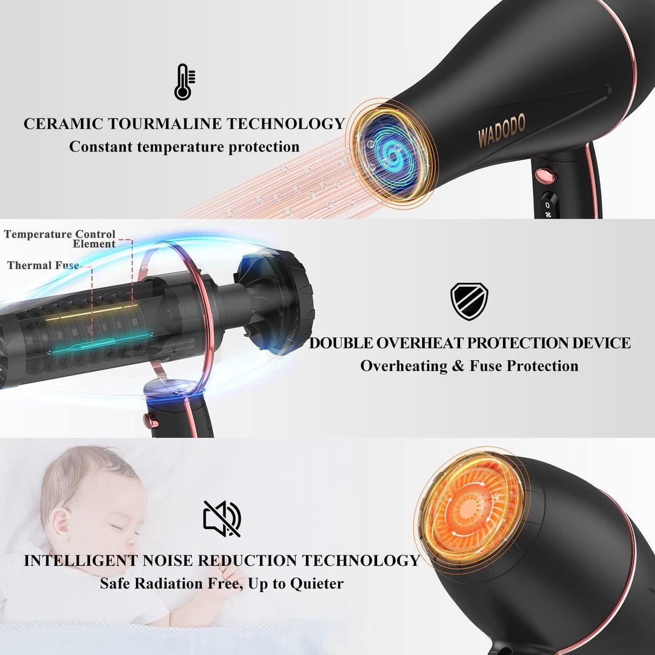 Alt view image 5 of 7 - WADODO Ionic Hair Dryer, 2200W Professional Blow Dryer Fast Drying Travel AC Motor Constant Temperature Low Noise Ion Dryers Curly Care Hairdryer Blowdryer for Women Men