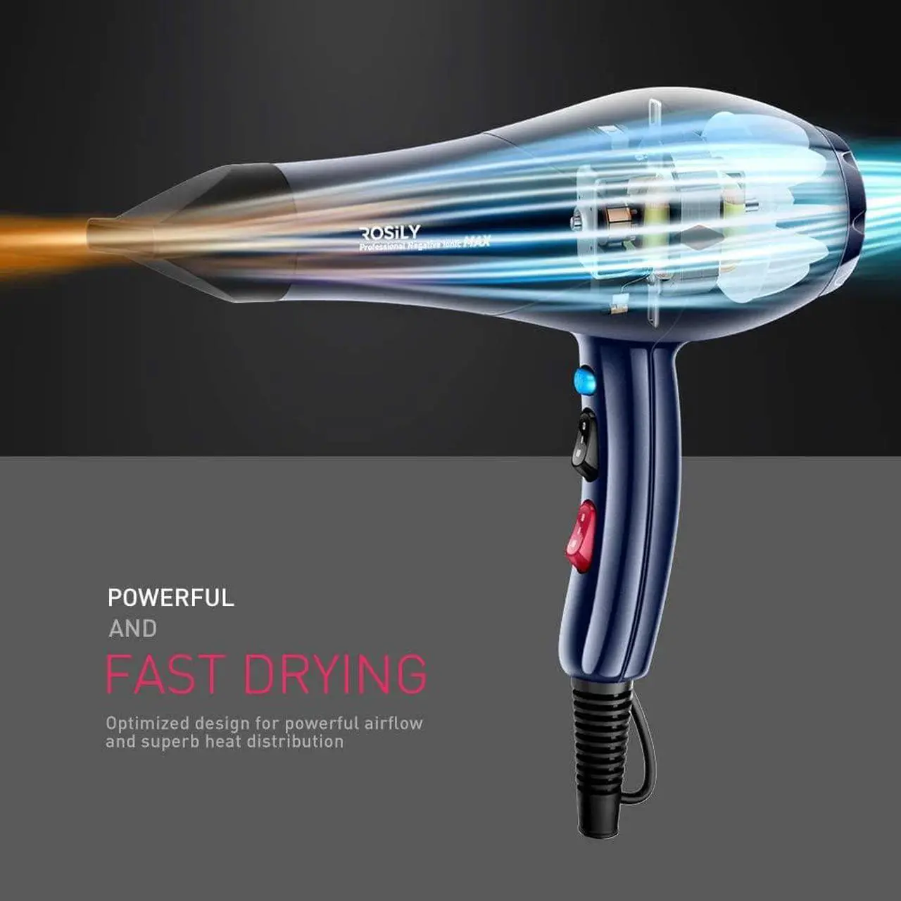 Alt view image 2 of 6 - ROSILY Professional 2200W Ionic Ceramic Hair Dryer | Fast Drying Salon Quality Blow Dryer with Nozzle Attachments for Smooth Shine and Silky Hair | Extra Long Cord and Faster Drying Time