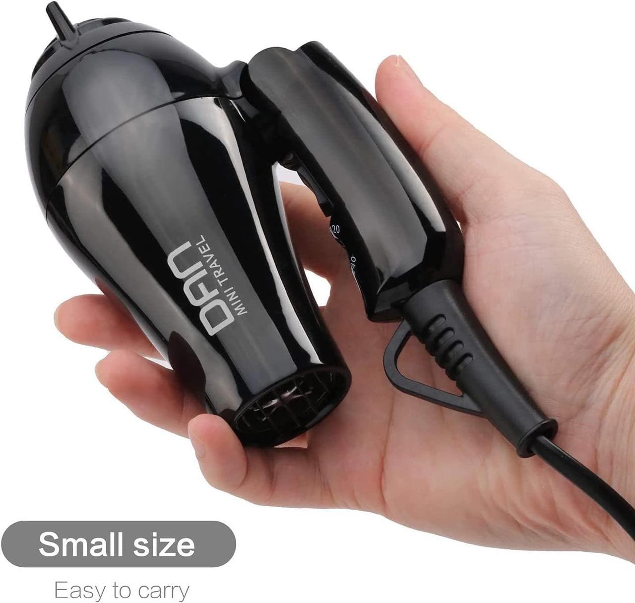 Alt view image 2 of 6 - DAN Technology Compact Travel Hair Dryer, 1800 Watts, Black, Ceramic, with Concentrator & Diffuser, European Plug, Folding Handle, Fast Drying for Women and Men
