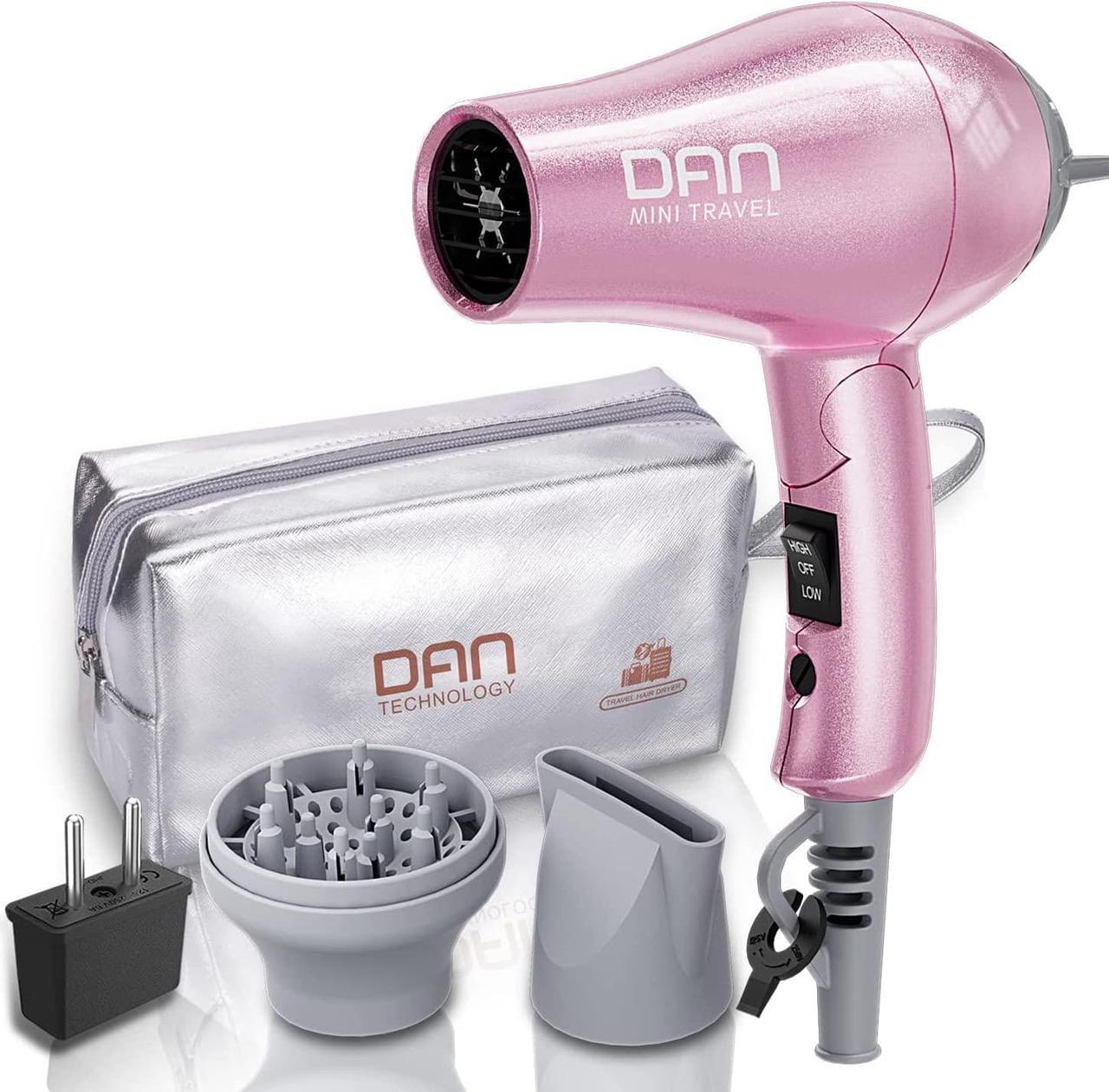 Dan Technology Travel Hair Dryer,dual voltage hair dryer,mini blow dryer with Concentrator,small hair dryer with diffuser,European Hair Dryer with European Plug,pink blow dryer for Women