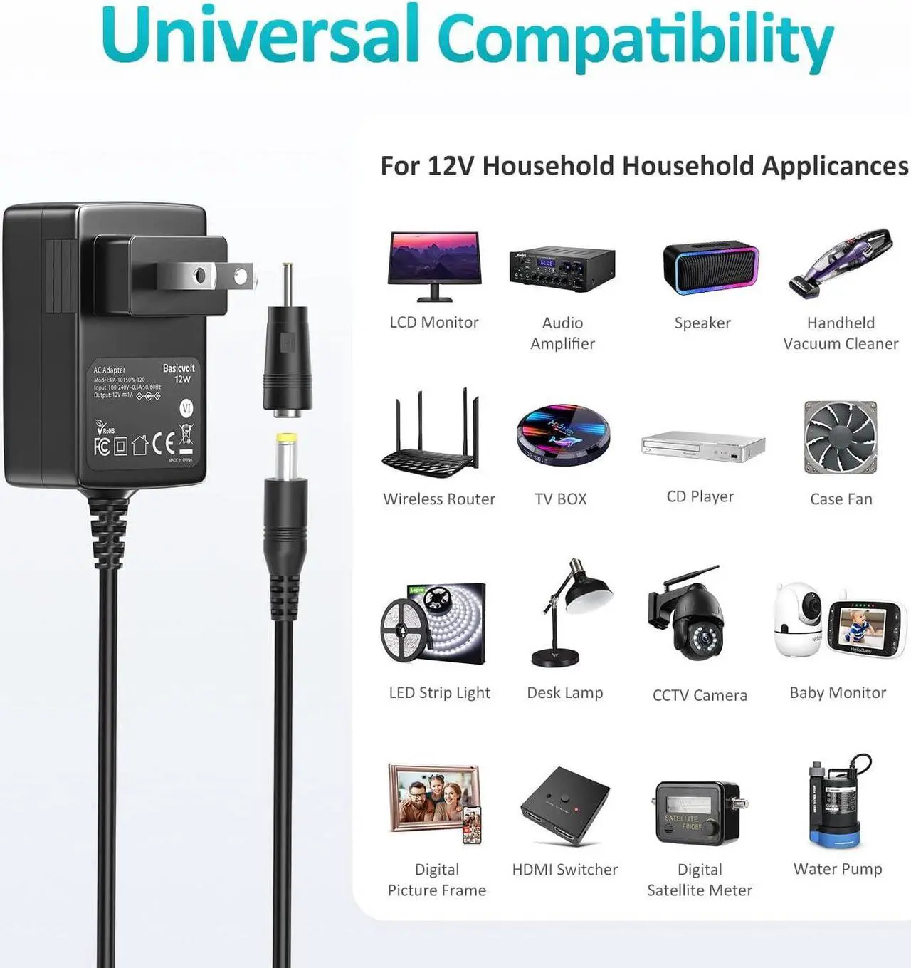 Alt view image 2 of 7 - 12V Power Supply AC Adapter DC 12 V Power Cord Universal Power Adapter 12Volt Charger Compatible with 1000mA 900mA 800mA 700mA 600mA 500mA 400mA 300mA 200mA 100mA Electronics