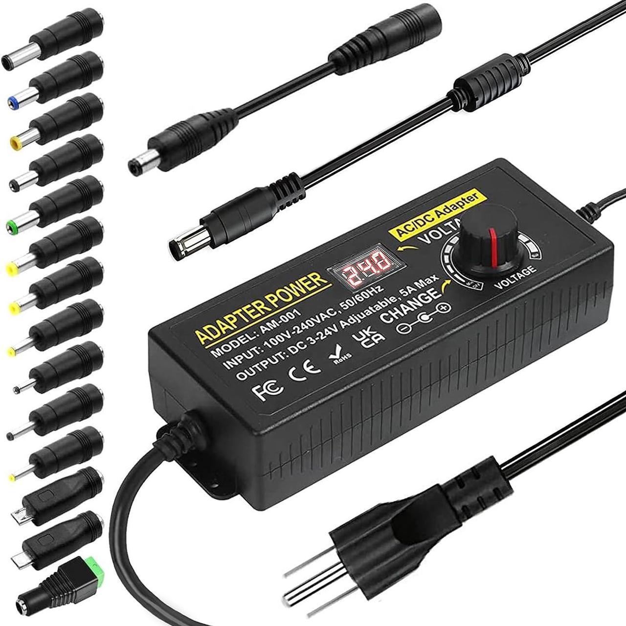 3V~24V 5A 120W Adjustable Power Supply Adapter,DC 3V 5V 6V 9V 12V 15V 18V 19V 20V 24V Universal AC/DC Adapter,100V-240V AC to DC Converter with 5.5x2.5mm 14 Tips for LED Strip Light Laptop Speaker