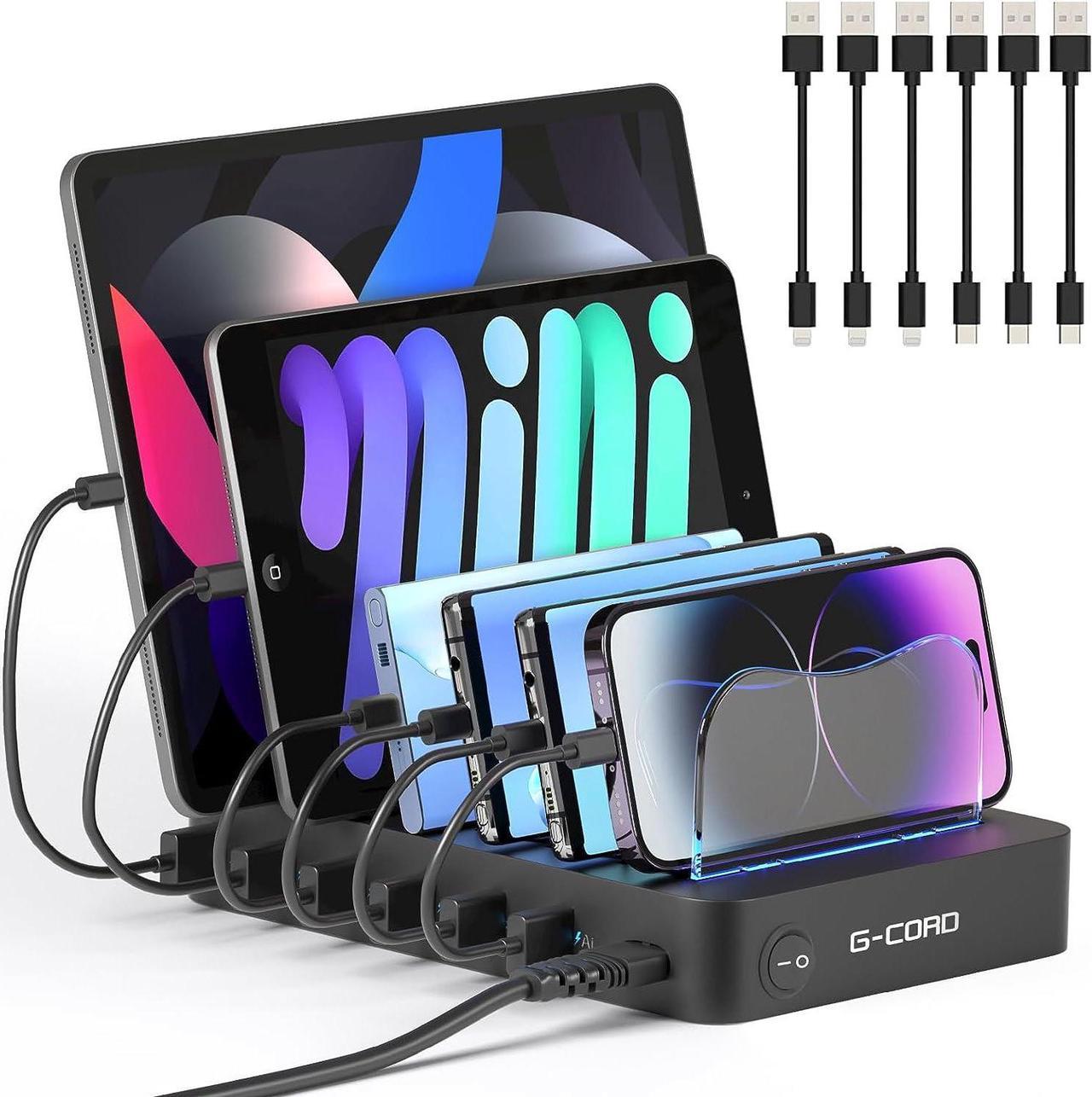 G-Cord 6 Port Multiport USB Charging Station, Detachable Desktop Docking Station for Smartphone & Tablet with 6 Pack Mixed Cables