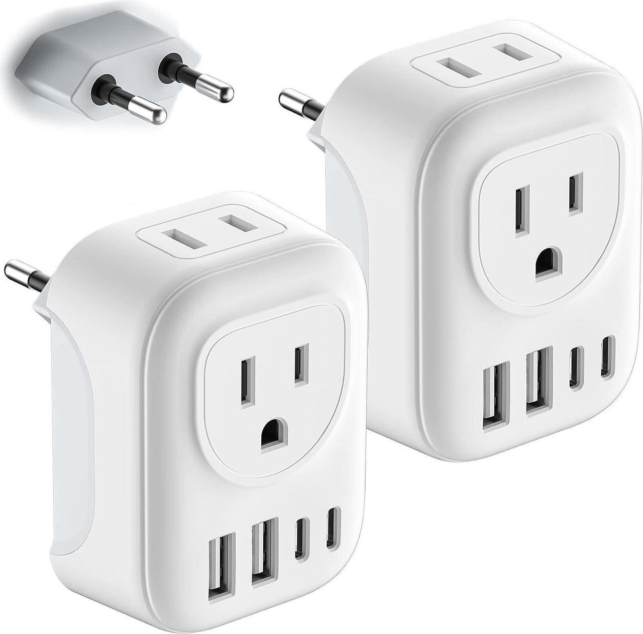 European Travel Plug Adapter, HITRENDS Canada US to Europe Plug Adapter with 2 American Outlets & 2 USB Ports & 2 USB C, 6 in 1 Travel Adapter to Most of Europe Portugal Spain France(Type C) - 2 Pack