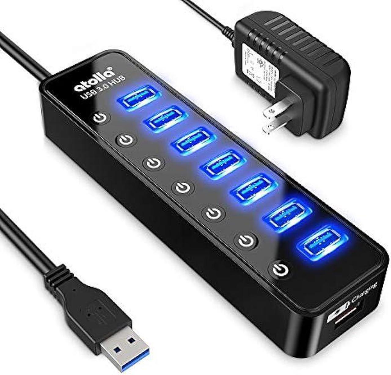 Powered USB Hub 3.0, Atolla 7-Port USB Data Hub Splitter with One Smart Charging Port and Individual On/Off Switches and 5V/4A Power Adapter USB Extension for MacBook, Mac Pro/Mini and More.