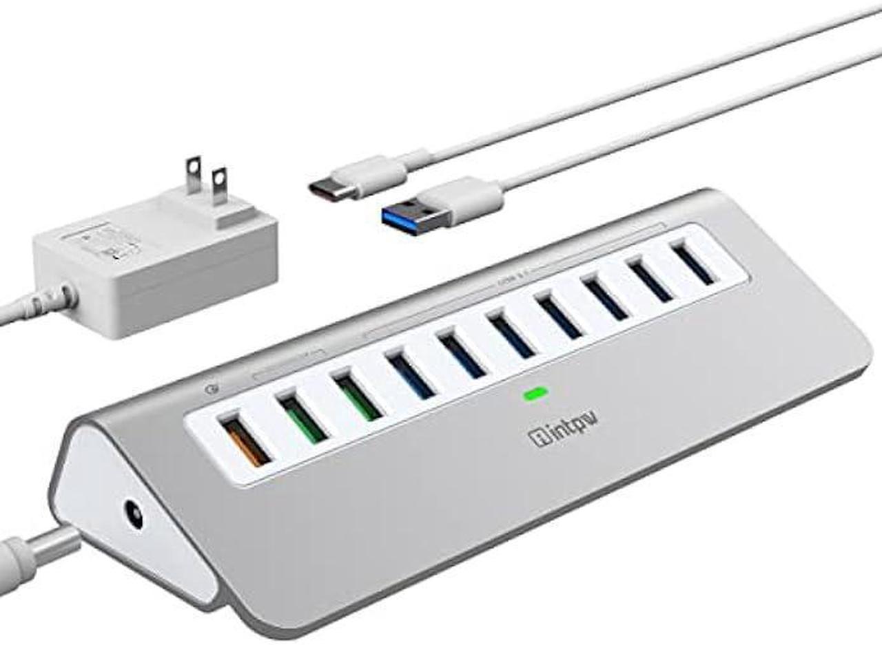 Intpw Powered USB Hub 10Gbps, 10 Port USB 3.1 Gen 2 Hub with 7 USB 3.1 Data Ports, 3 Fast Charging Ports, 36W Power Adapter, Type A and Type C Cable, Aluminum USB Data Hub for Mac, PC, Laptop