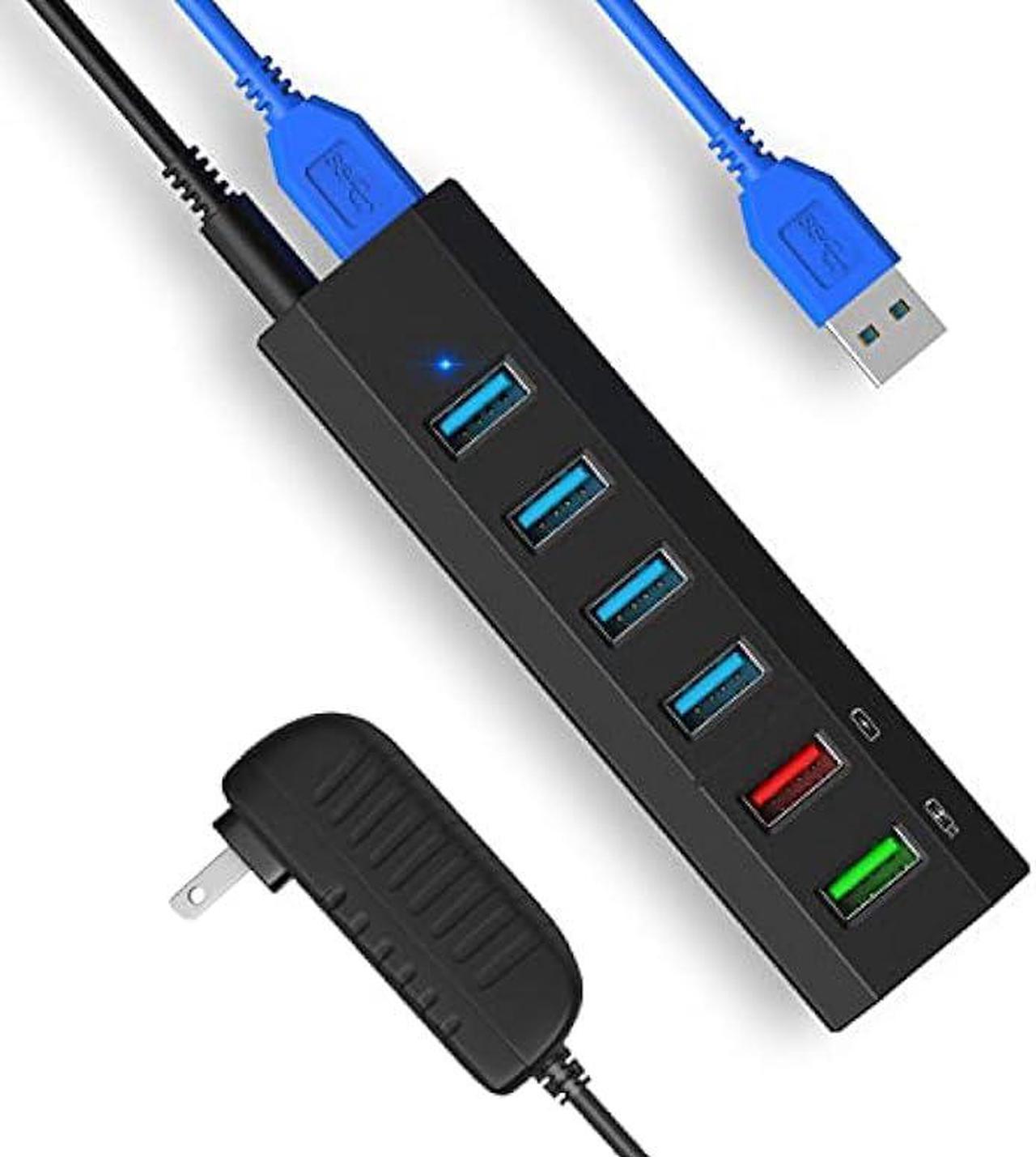 USB Hub, Aiibe 6 Ports Super High Speed USB 3.0 Hub Splitter + 24W Power Adapter + USB 3.0 Cable, Black Smart Fast Charger USB Hub Powered for Laptop, Mac, PC, Mobile HDD, Multiple Devices (Black)