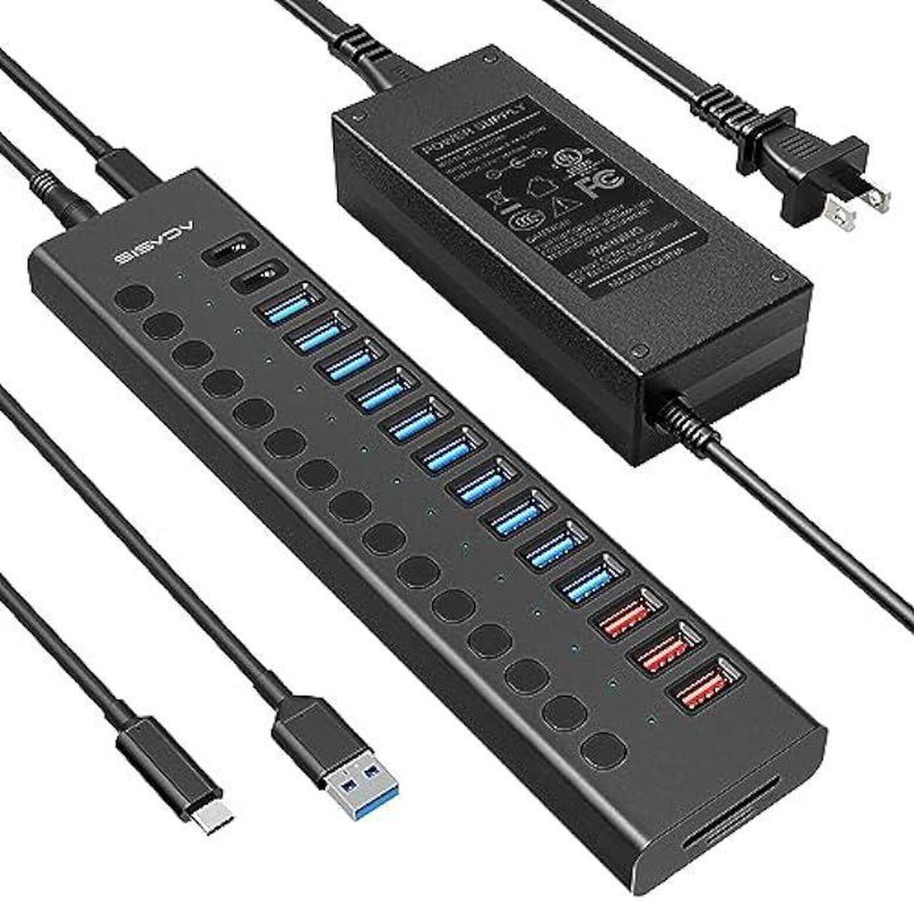 Acasis USB C Hub - 17 Ports USB 3.0 Hub for PC/Laptop/Computer13 USB A Ports+2 Type C Ports+SD/TF Card Reader, Individual On/Off Switches, 12V/7.5A Power Adapter, Aluminum Housing