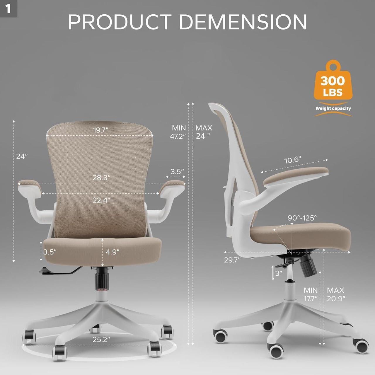 Alt view image 2 of 7 - Office Chair, Ergonomic Desk Chair with Flip-Armrest & Cushion for Lumbar Support, Mid Back Computer Chair with Thickened Cushion, Desk Chair Comfy with Wheels for Study and Work, Khaki