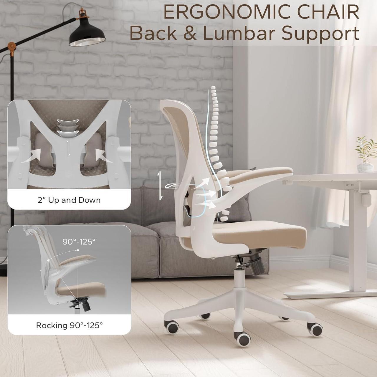 Alt view image 3 of 7 - Office Chair, Ergonomic Desk Chair with Flip-Armrest & Cushion for Lumbar Support, Mid Back Computer Chair with Thickened Cushion, Desk Chair Comfy with Wheels for Study and Work, Khaki