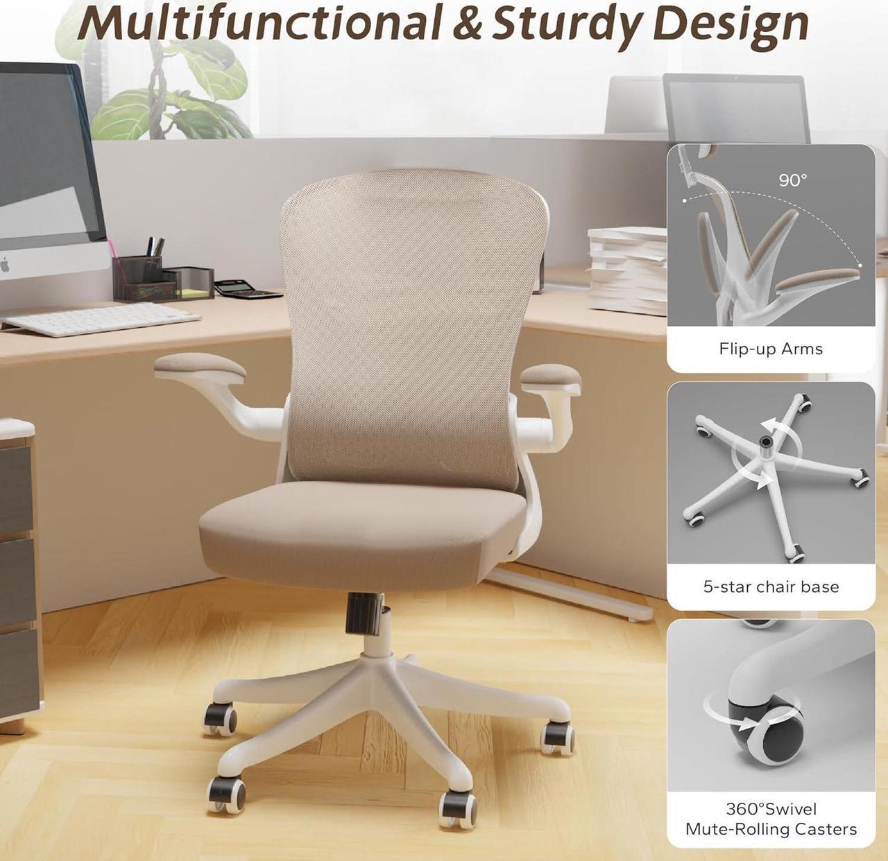 Alt view image 6 of 7 - Office Chair, Ergonomic Desk Chair with Flip-Armrest & Cushion for Lumbar Support, Mid Back Computer Chair with Thickened Cushion, Desk Chair Comfy with Wheels for Study and Work, Khaki