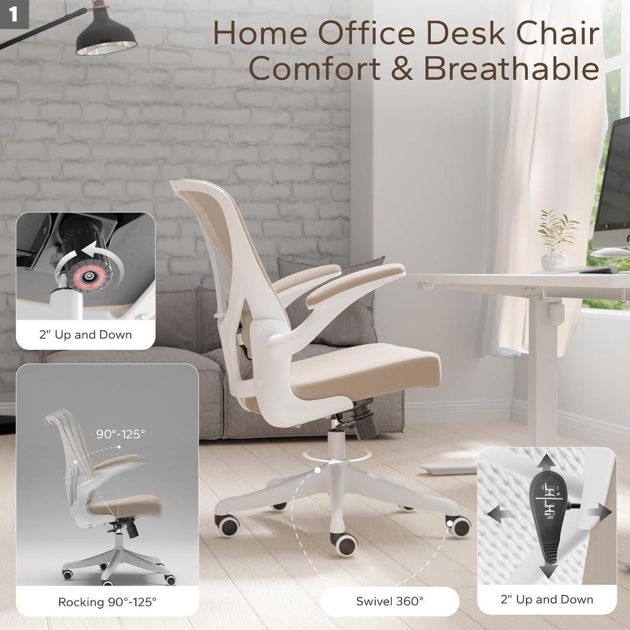 Alt view image 7 of 7 - Office Chair, Ergonomic Desk Chair with Flip-Armrest & Cushion for Lumbar Support, Mid Back Computer Chair with Thickened Cushion, Desk Chair Comfy with Wheels for Study and Work, Khaki