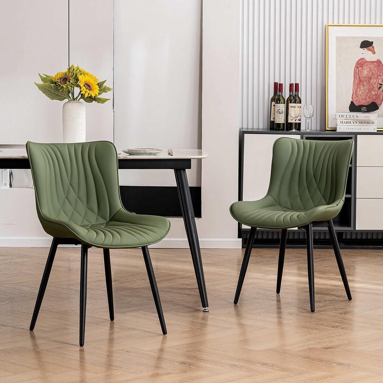 YOUTASTE Dining Chairs Set of 2 Upholstered Mid Century Modern Kitchen Dining Room Chairs Armless Faux Leather Accent Chairs Metal Vanity Lounge Chair with Back for Living Room Bedrooms,Olive Green