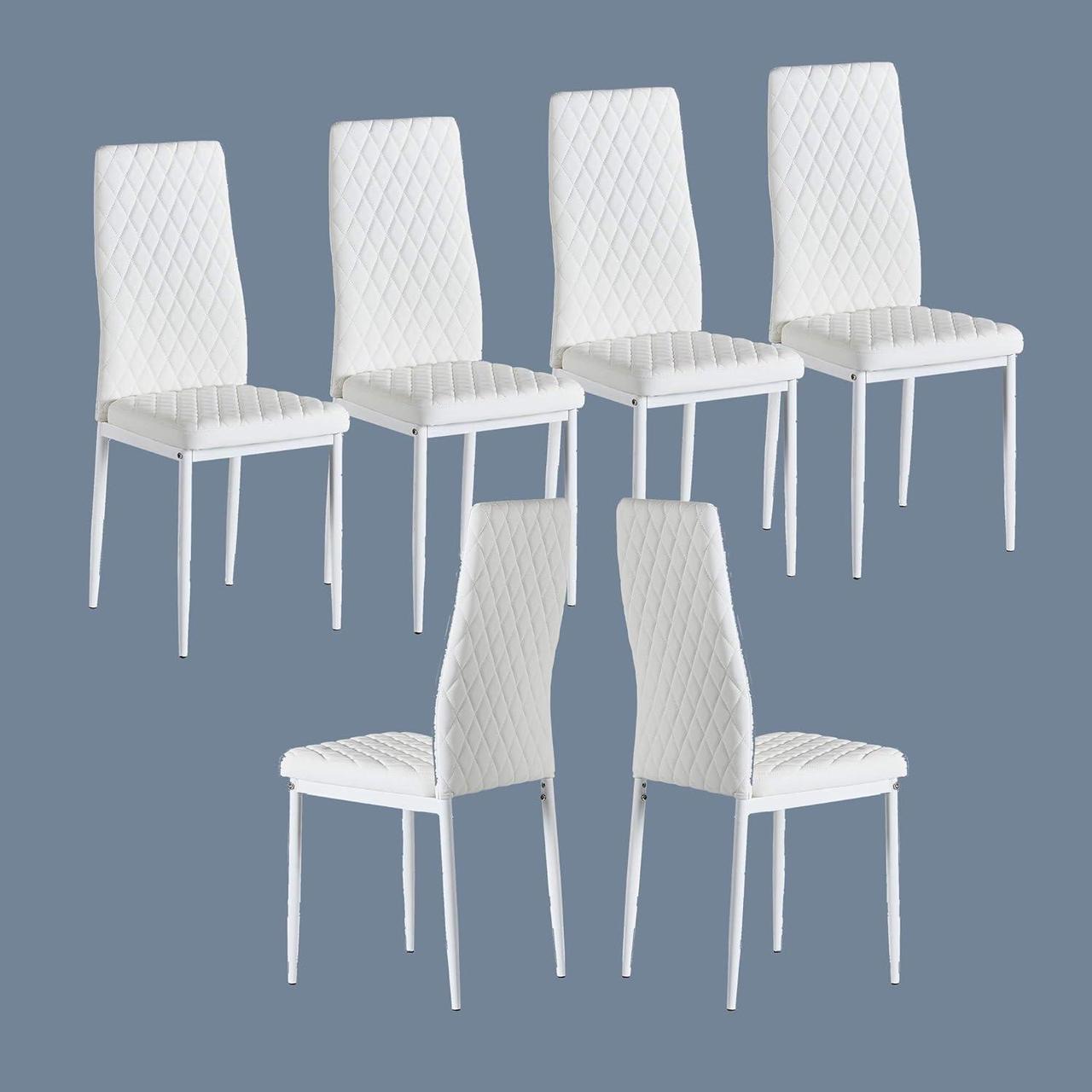 Modern Minimalist Dining Chair Fireproof Leather Sprayed Metal Pipe Diamond Grid Pattern Restaurant Home Conference Chair Set of 4 Or 6 (6, White)