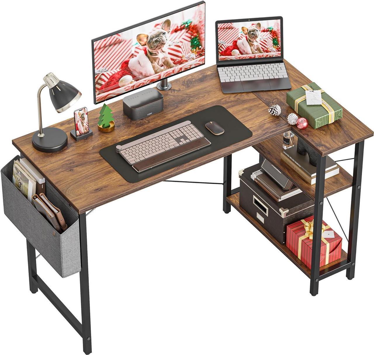 CubiCubi 40 Inch Small L Shaped Computer Desk with Storage Shelves Home Office Corner Desk Study Writing Table, Deep Brown