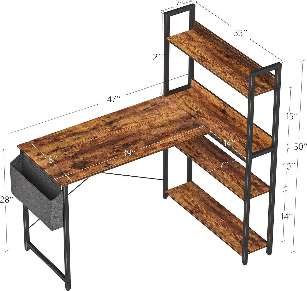 Alt view image 2 of 7 - Treesland 47 Inch Computer Desk with Bookshelf, Corner Desk with Storage, L Shaped Desk, Home Office Desks, Writing Study Desk for Bedroom, Brown