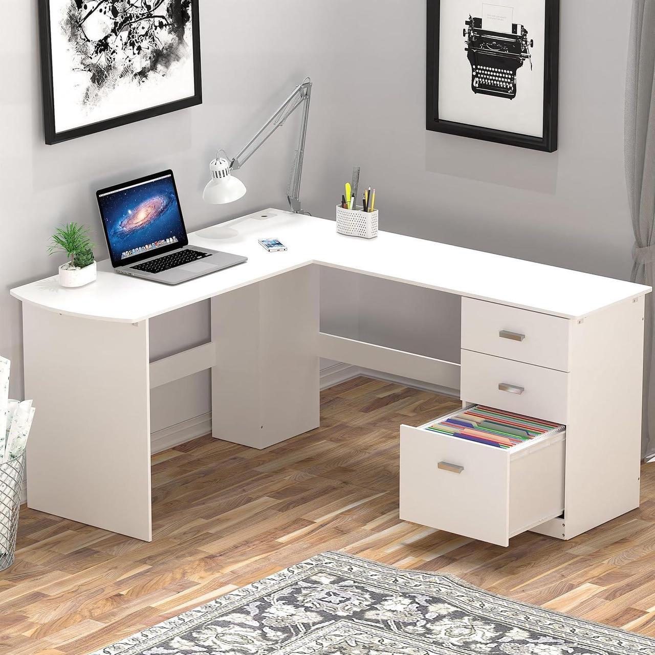 SHW L-Shaped Home Office Wood Corner Desk with 3 Side Drawers, White