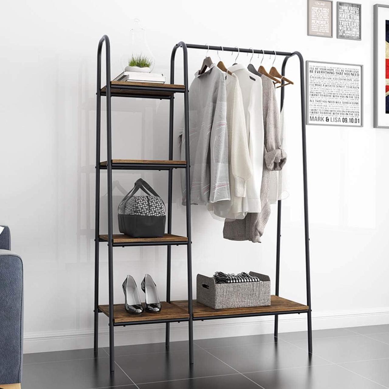 DlandHome Free-Standing Garment Racks, Home Metal Clothing Rack with 5 Storage Shelves and Hanging Rod Closet Storage Organizer Clothing Rack, DCA-UT-011