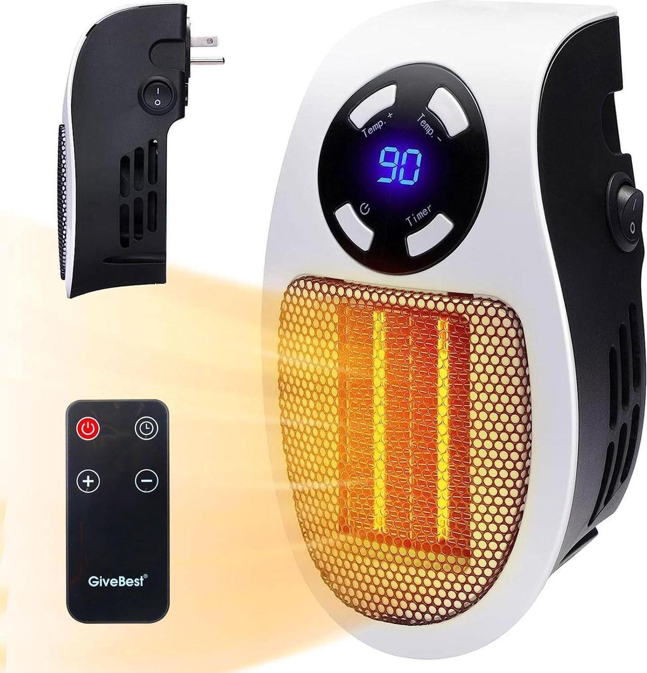 Space Heater 450W Programmable Wall Outlet Safe and Quiet Electric Heaters with remote control, LED Display, Adjustable Thermostat, Timer and Overheat Protection Portable Heater for Office Room