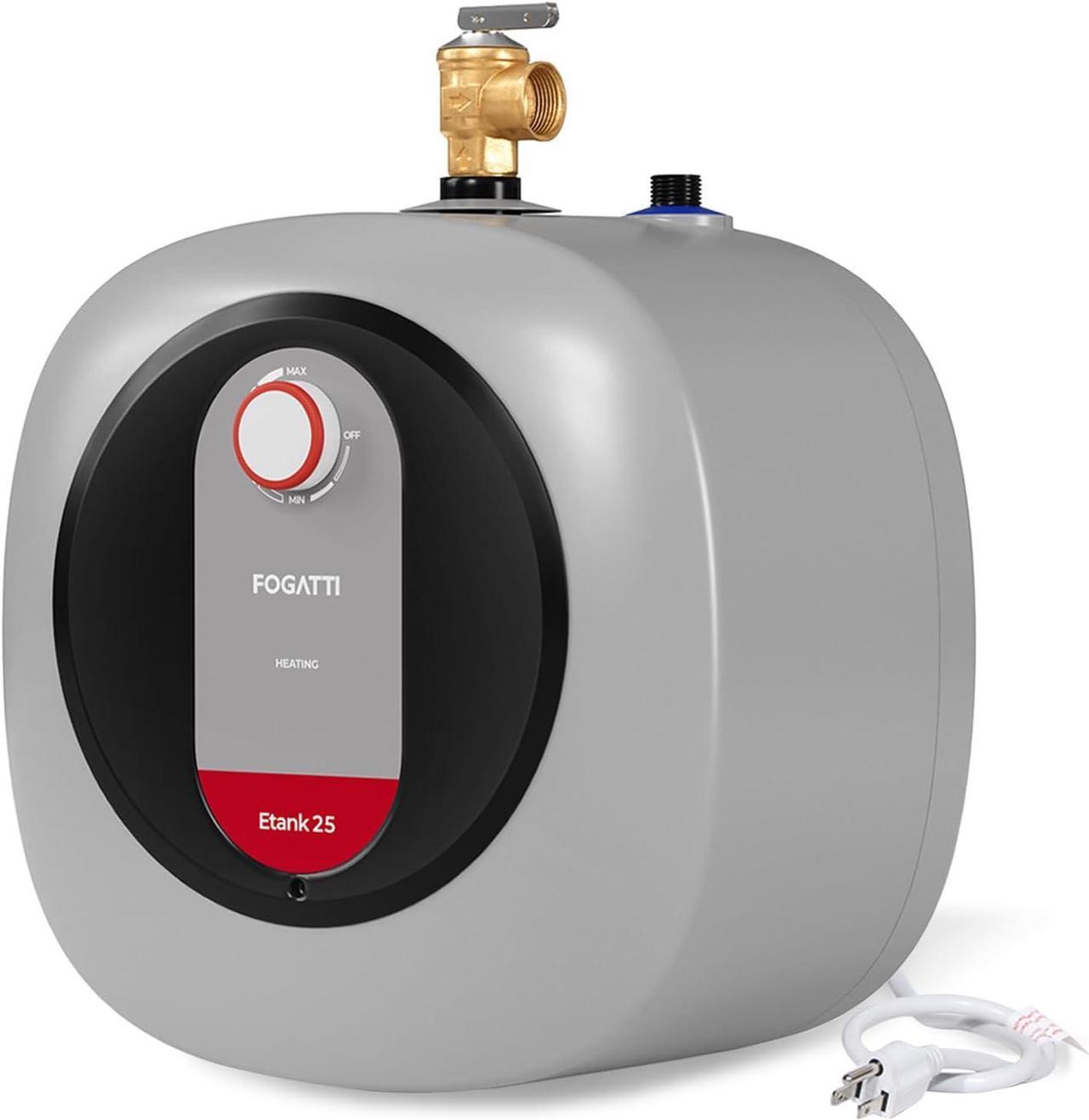 FOGATTI Mini Tank Water Heater Under Sink Electric Small Water Heater, 2.5 Gallons 1440W 110-120V Point of Use Water Heater - Shelf, Wall or Floor Mounted