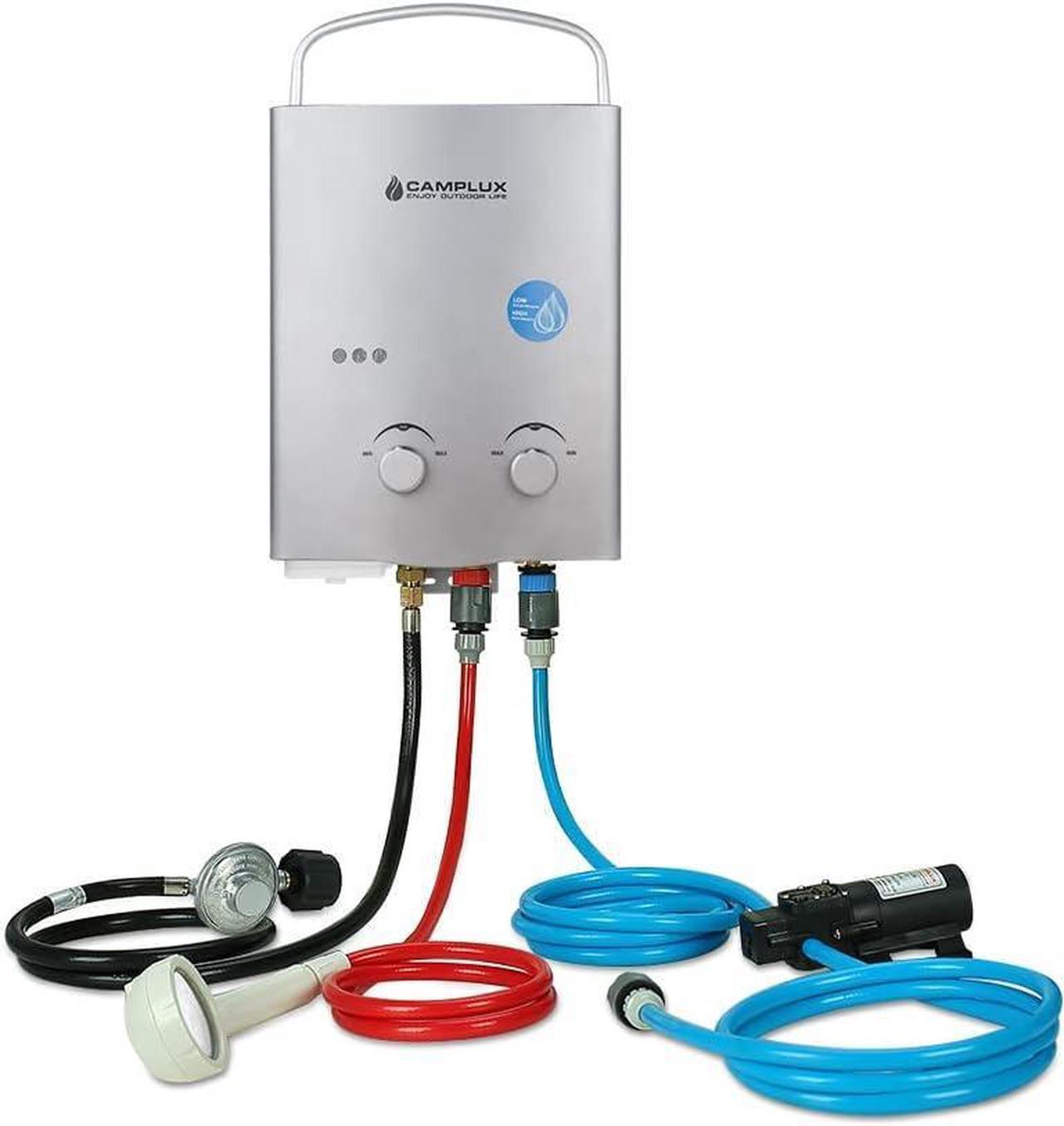 Camplux 1.32 GPM Outdoor Portable Propane Tankless Water Heater with 1.2 GPM Water Pump Kits, Gray