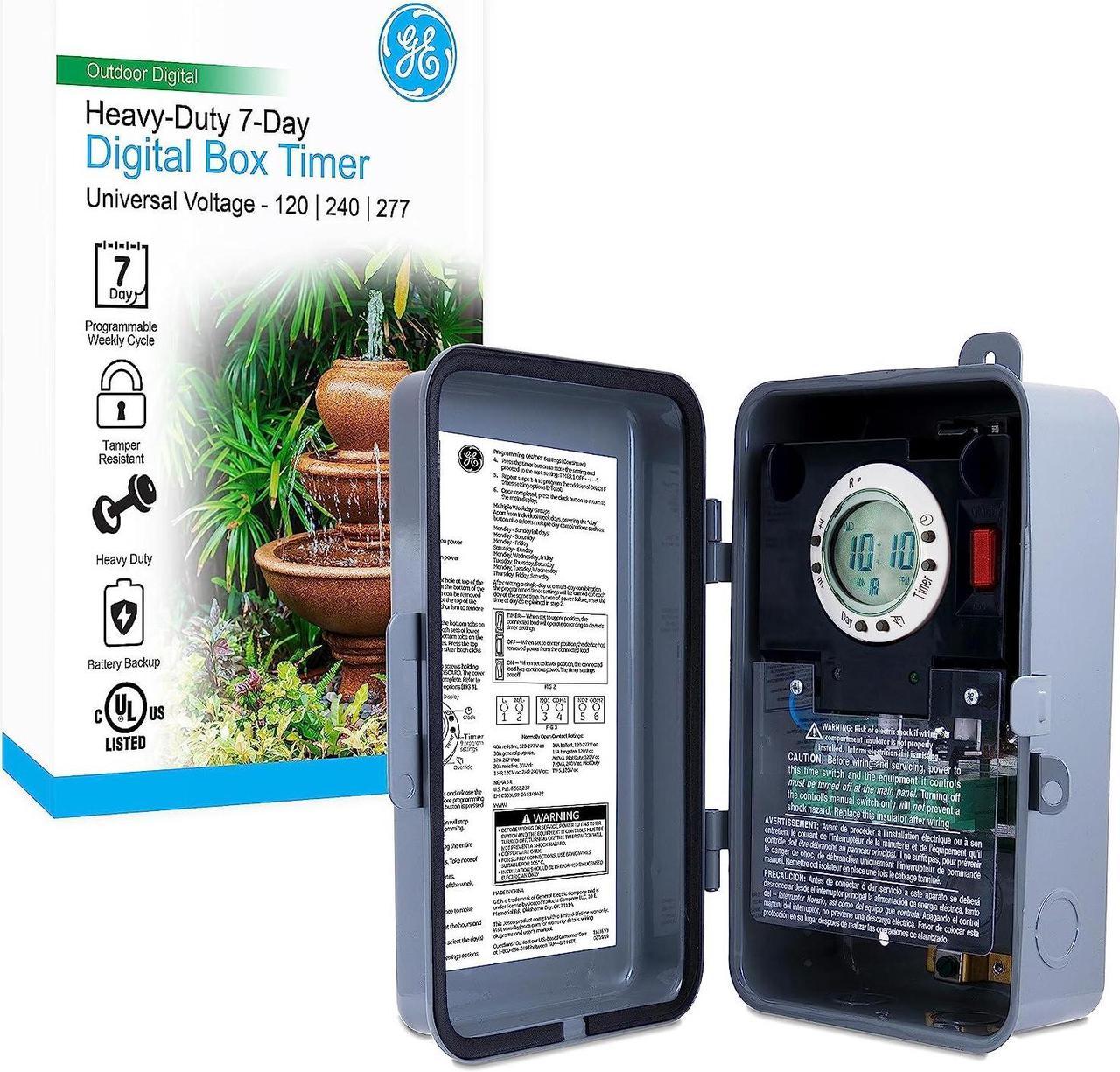 GE Heavy-Duty 7-Day Digital Box Timer Switch, Metal, Tamper Resistant, Battery Backup, Universal Voltage, 120, 240, 277 VAC, NEMA 3R-Rated, Indoor/Outdoor, Ideal for Pool Pumps, Water Heaters, 46537