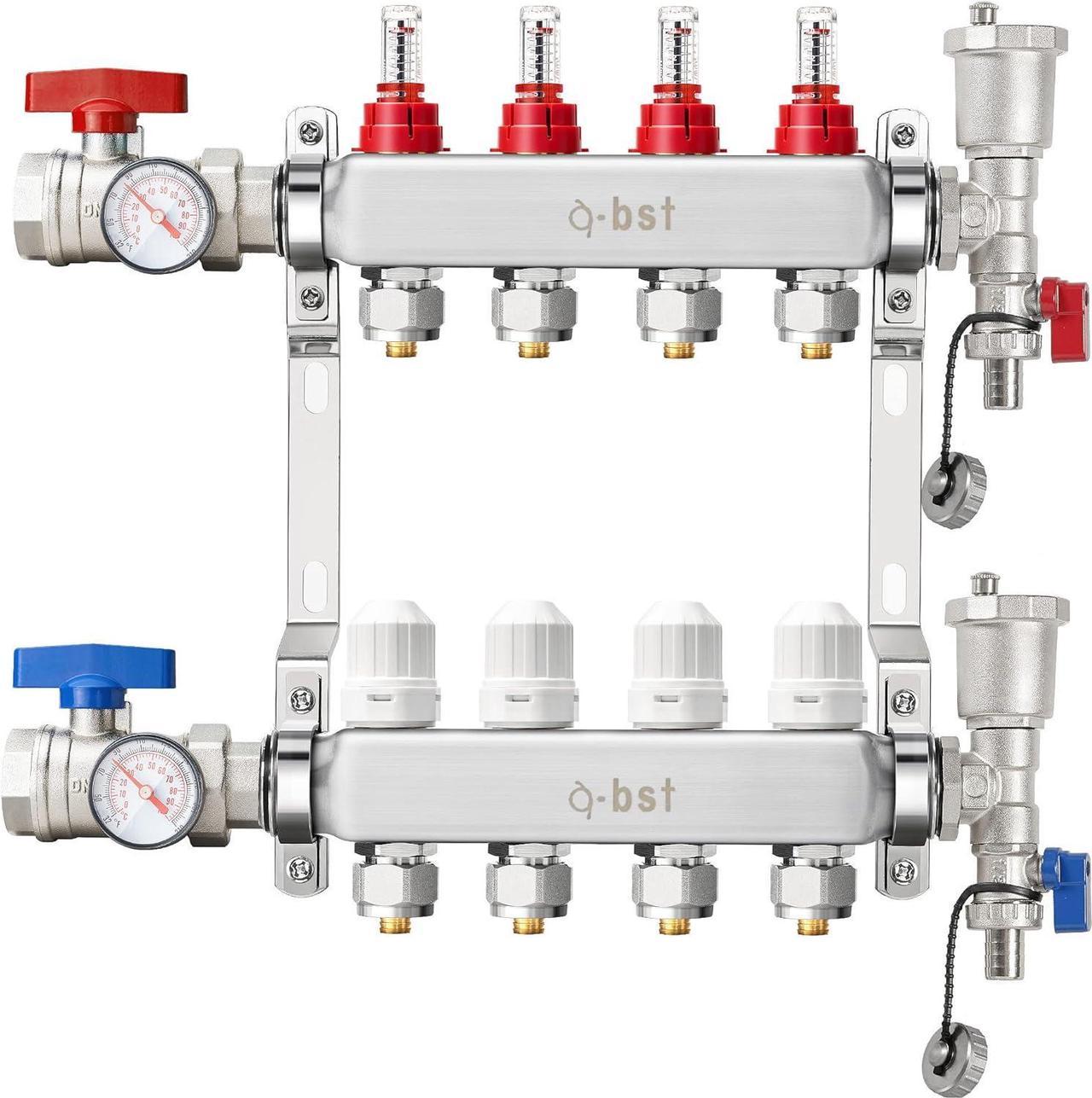 ABST PEX Manifold,4-Branch Stainless Steel Floor Heat Manifold Kit with 1/2" Adapters Included for Hydronic Radiant Floor Heating