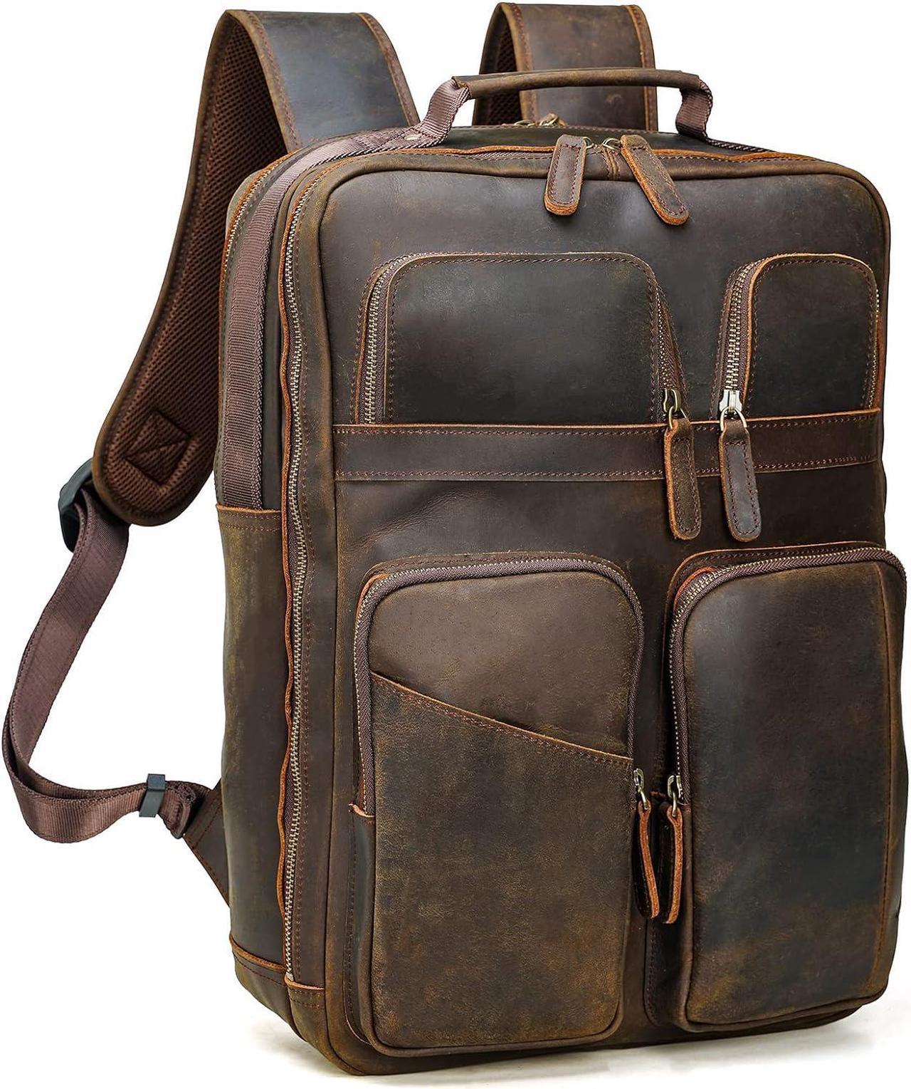 Polare 17.3 Inch Full Grain Leather Laptop Backpack for Men Multi Pockets Business Travel DayPack Rucksack