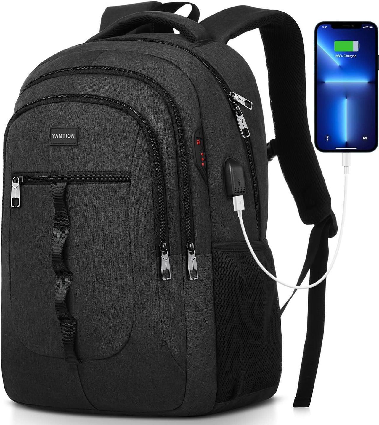 YAMTION Black Backpack for Men and Women,School Backpack Bookbag for Teen Boys and Girls Laptop Backpack with USB for Collge Work Business