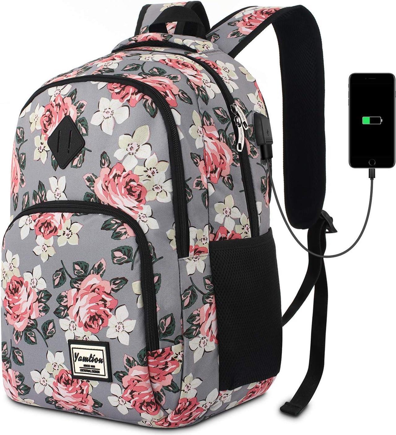 Backpack for Women,School Backpack for Teen Girls Boys College Backpack with USB Charging Port,Gray-Flower