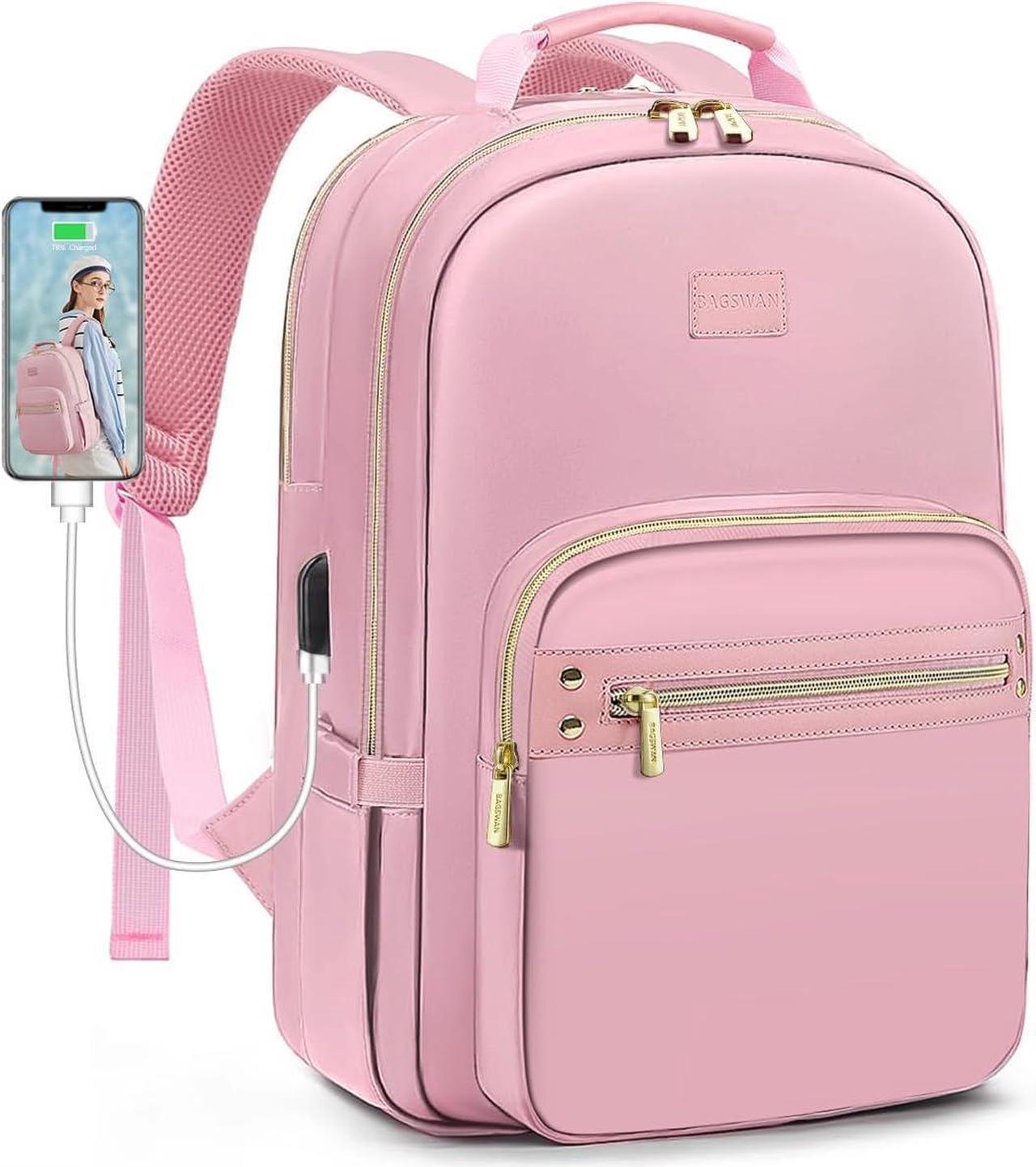 Pink Laptop Backpack Women Bookbag: BAGSWAN 15.6 inch Bookbag Business Computer Backpacks Purse Travel Work College Bags with USB Charging Port Lightweight BackPack for Adult Nurse