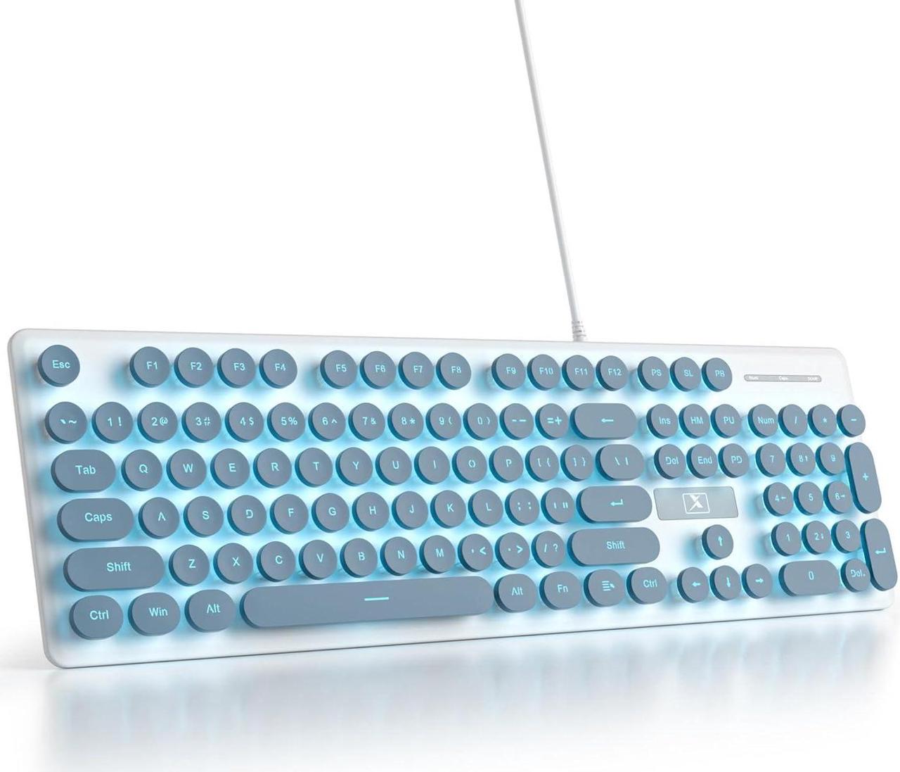 Mosptnspg Wired Quiet Membrane Keyboard,Full Size 104-Keys Retro Punk Typewriter White LED Backlit USB Ultra Slim Gaming Keyboard with ABS Round keycaps for Windows/PC/Laptop (Blue)