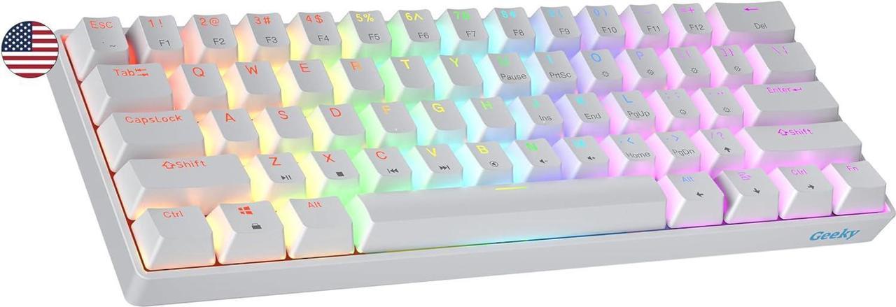 Geeky GK61 SE 60% | Mechanical Gaming Keyboard | 61 Keys Multi Color RGB LED Backlit for PC/Mac Gamer | ANSI US American Layout (White, Mechanical Speed Silver)