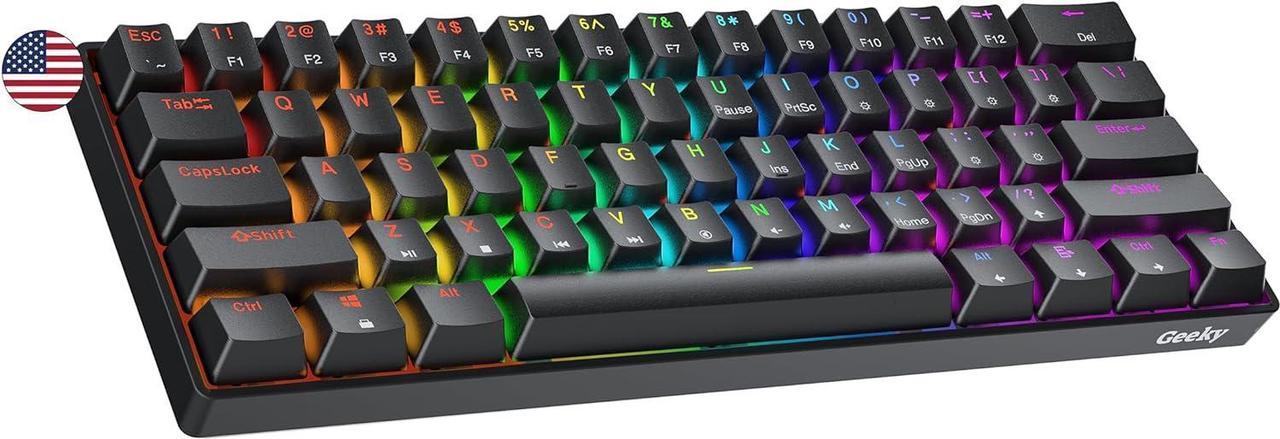 Geeky GK61 60% | Hot Swappable Mechanical Gaming Keyboard | 61 Keys Multi Color RGB LED Backlit for PC/Mac Gamer | ANSI US American Layout (Black, Mechanical Blue)