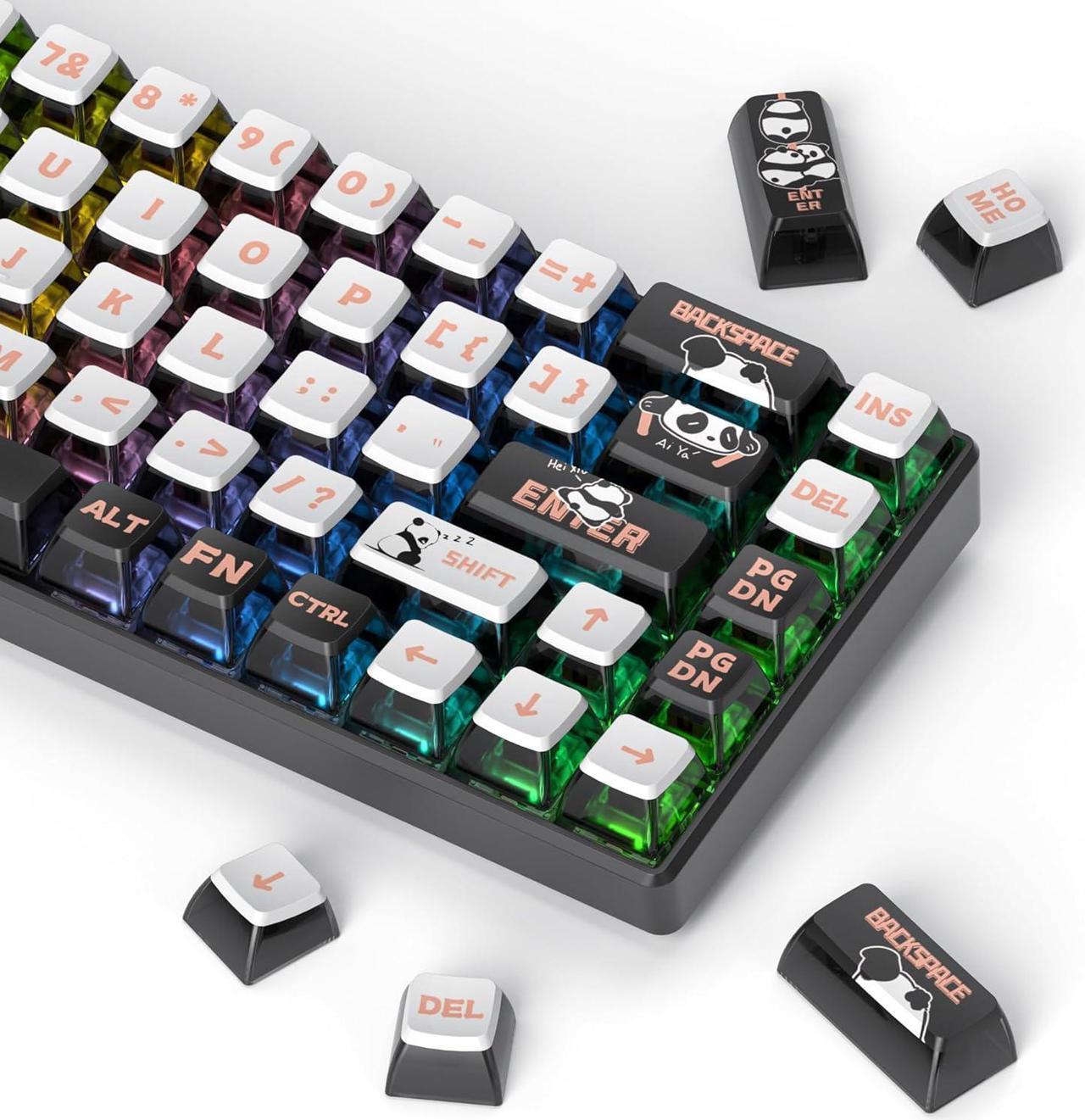 Owpkeenthy Pudding PBT Keycaps 75 Percent with Punk Style, 120- Keys Transparent Keycaps ASA Profile Custom Black and White Key Caps US Layout for 60% Full 104 Key Set Mechanical Keyboard(Panda)