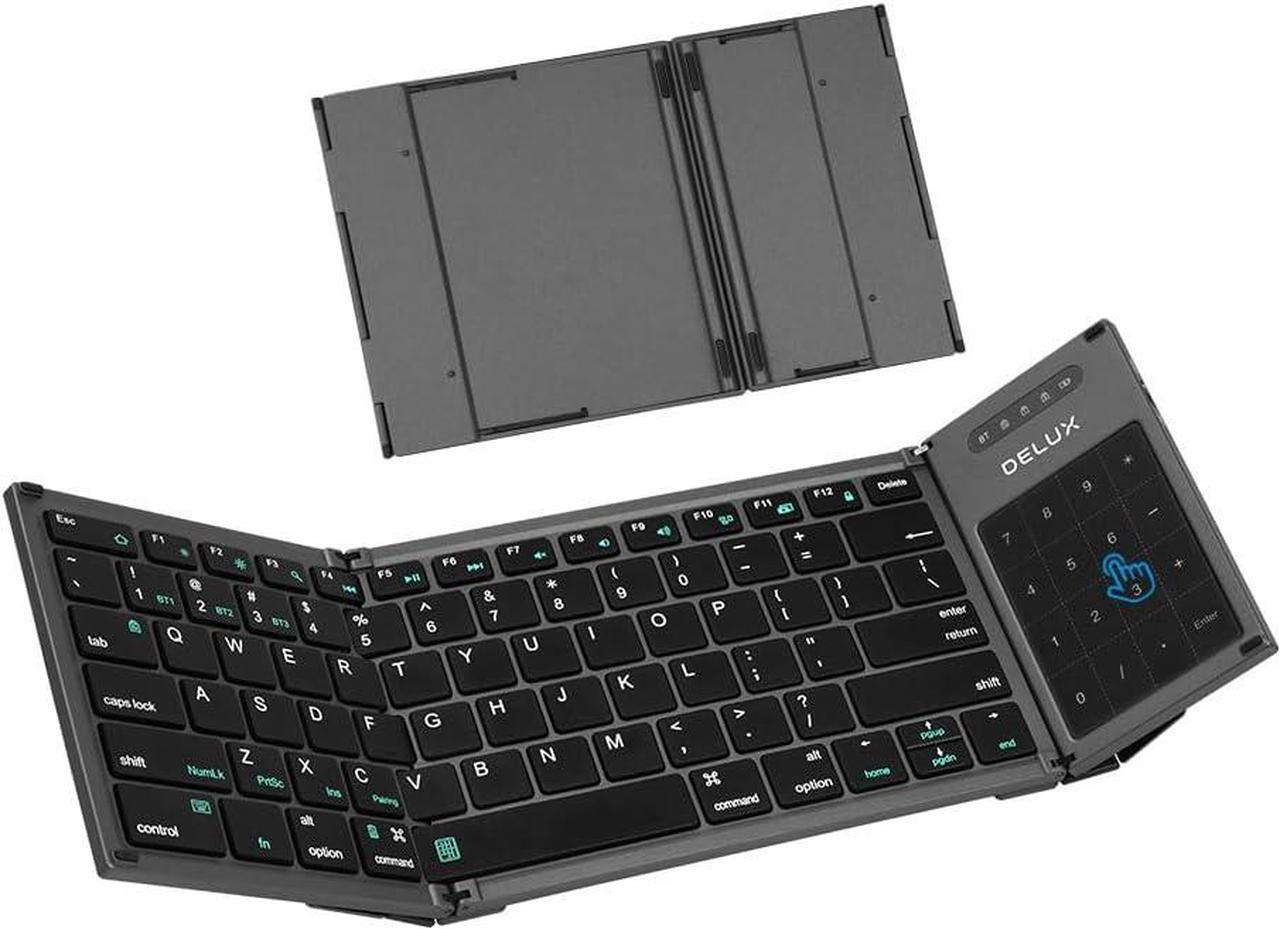 DELUX Full Size Foldable Keyboard Bluetooth with 2-in-1 Touchpad, Tri-fold Portable Folding Keyboard Wireless, Ultra Slim, Multi Device, Rechargeable, Scissor Switches (KF17)