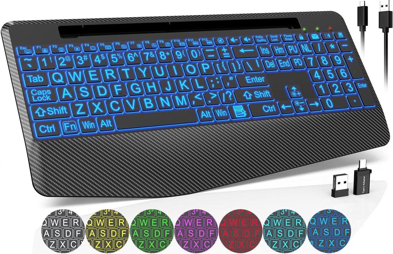 Wireless Keyboard with 7 Colored Backlits, Wrist Rest, Phone Holder, Rechargeable Ergonomic Computer Keyboard with Silent Keys, Full Size Lighted Keyboard for Windows, Mac, PC, Laptop (Large Print)